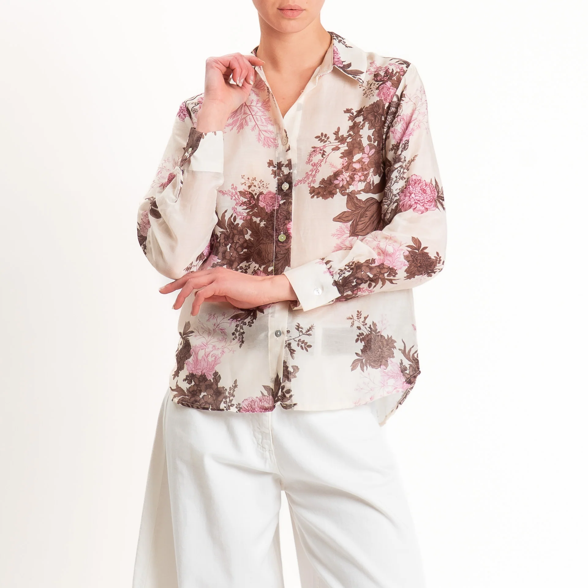 Zeroassoluto-Camicia MIA in mussola seta/cotone - fiori burro/moro/rosa - Image 3