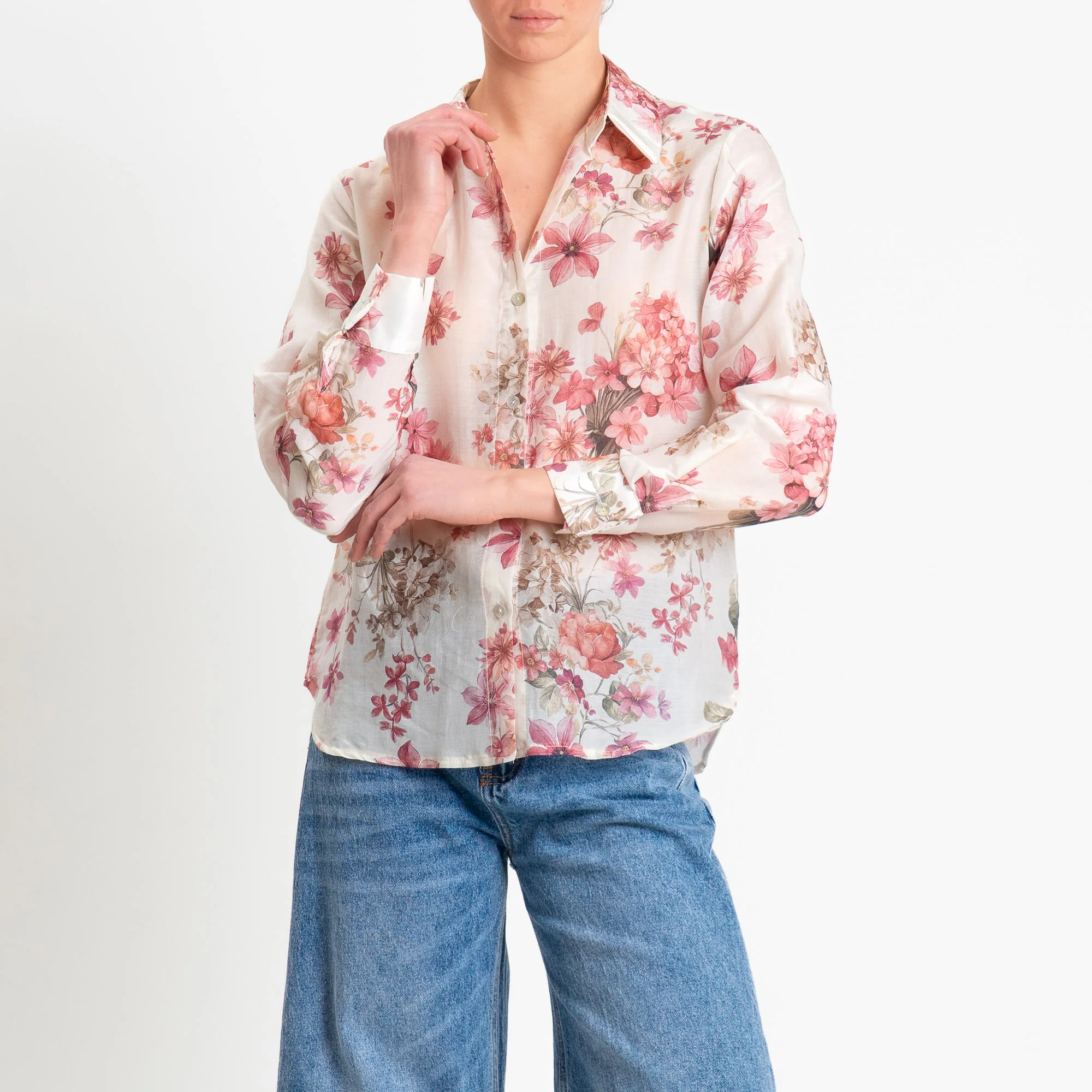 Zeroassoluto-Camicia MIA in mussola seta/cotone fantasia - floreale latte/blush - Image 2
