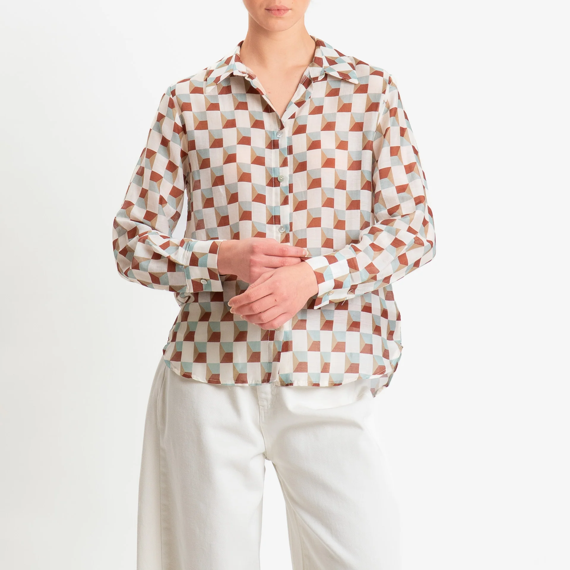 Zeroassoluto-Camicia MIA in mussola seta/cotone - optical burro/acqua/cuoio - Image 2