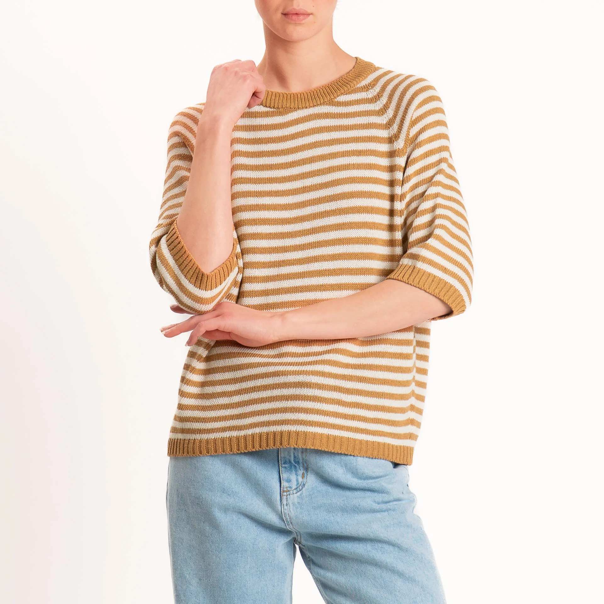 Tensione in-Maglia a righe manica 3/4 - biscotto/latte