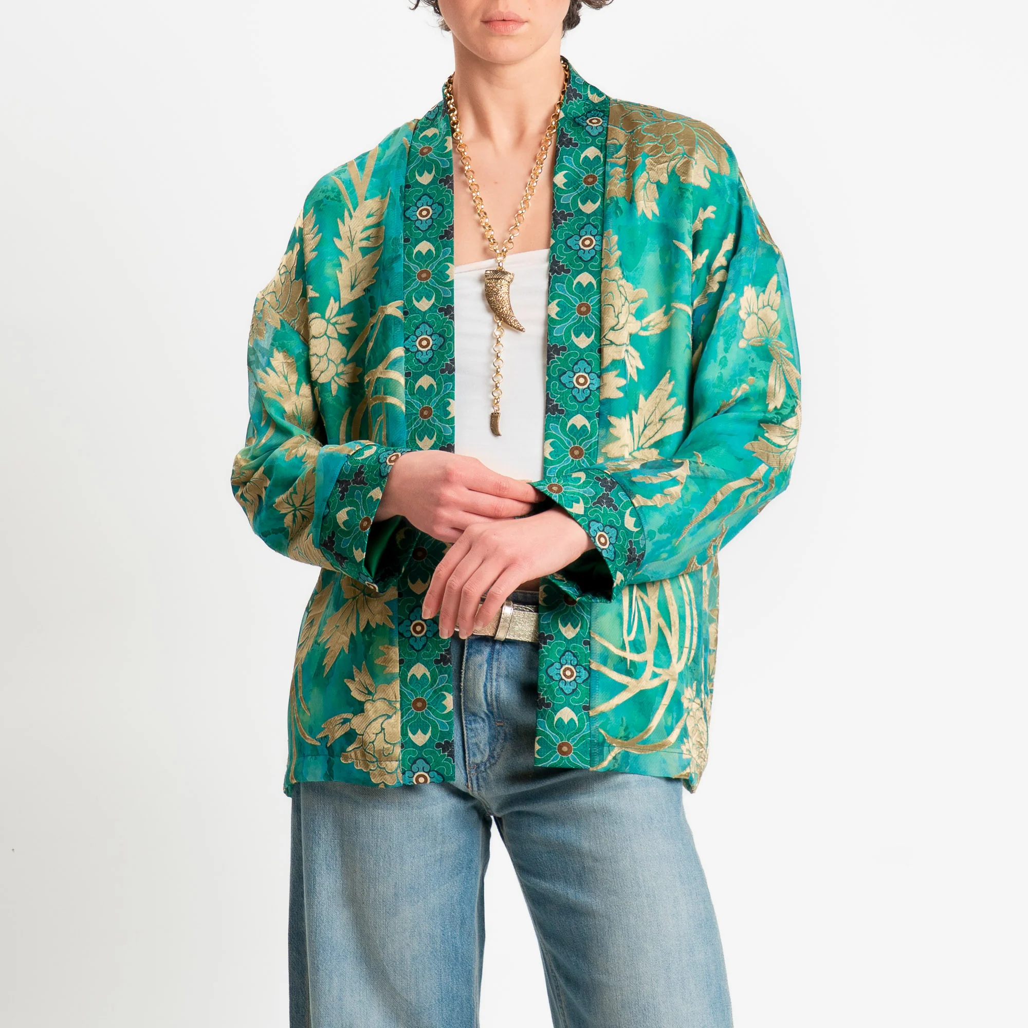 Wu'side-Kimono corto organza fantasia floreale - smeraldo/sand/nero - Image 2
