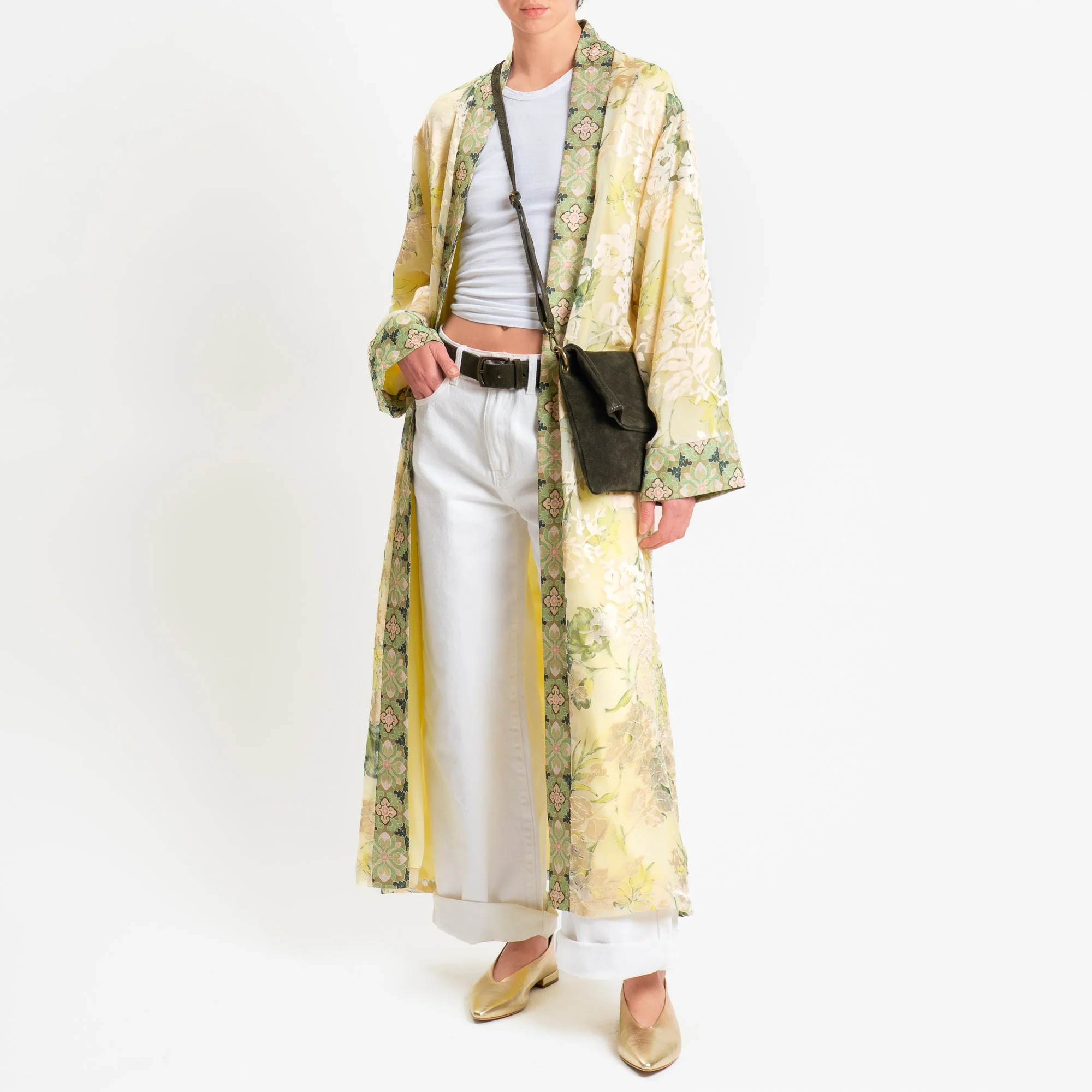 Wu'side-Kimono organza fantasia floreale - crema/mimosa/salvia