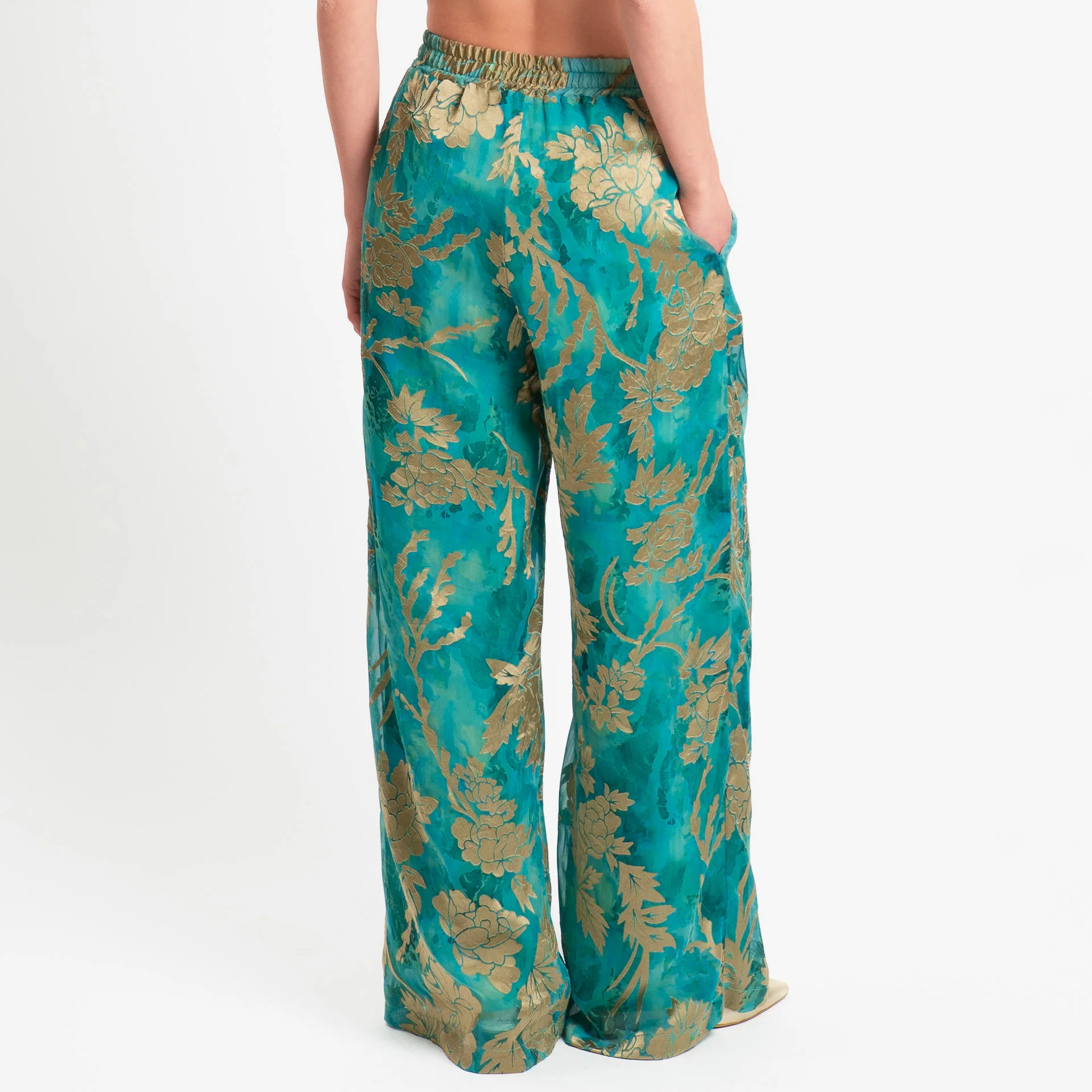 Wu'side-Pantalone organza fantasia floreale - smeraldo/sand - Image 4