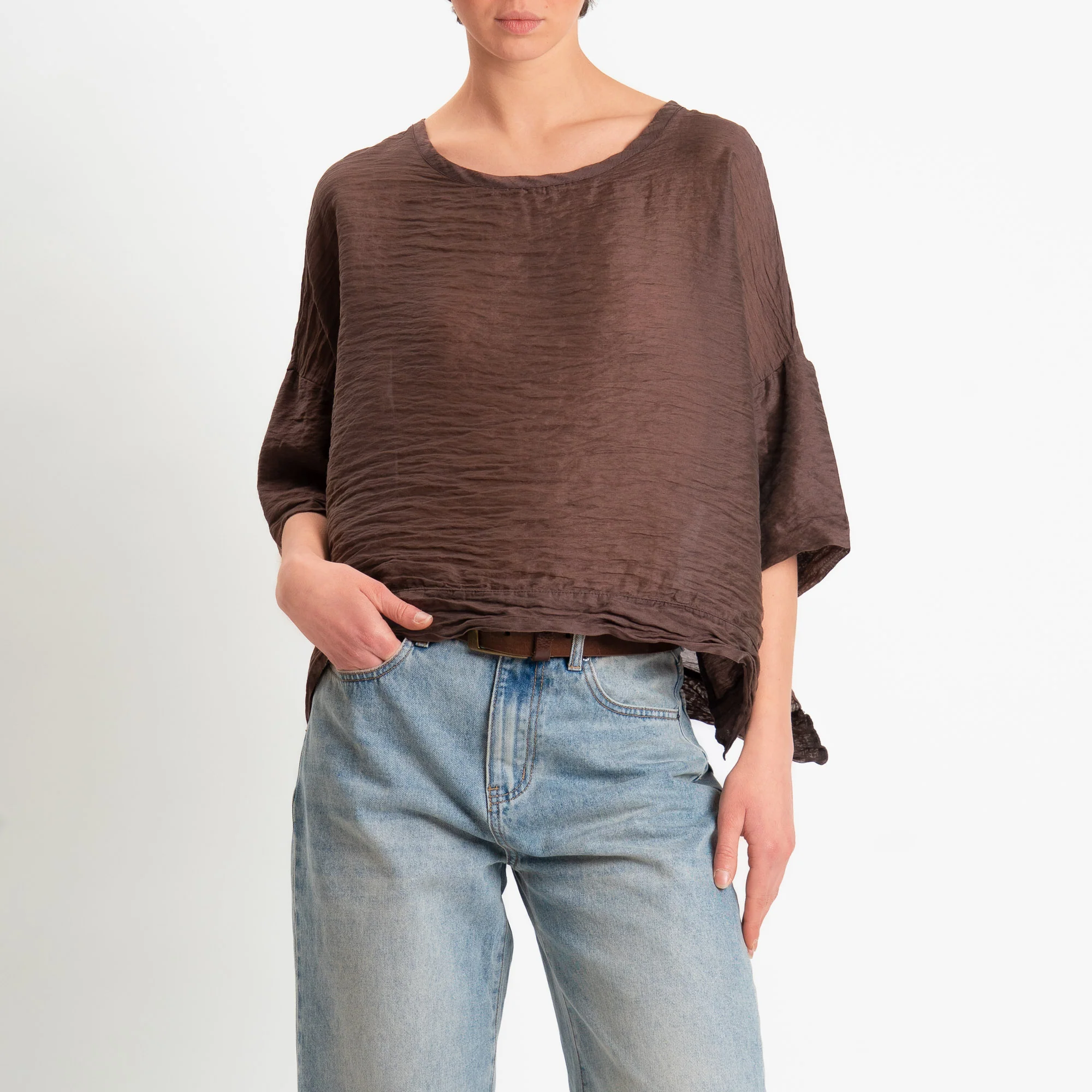 Souvenir-Blusa goffrata lyocell con spacchi laterali - cioccolato - Image 2