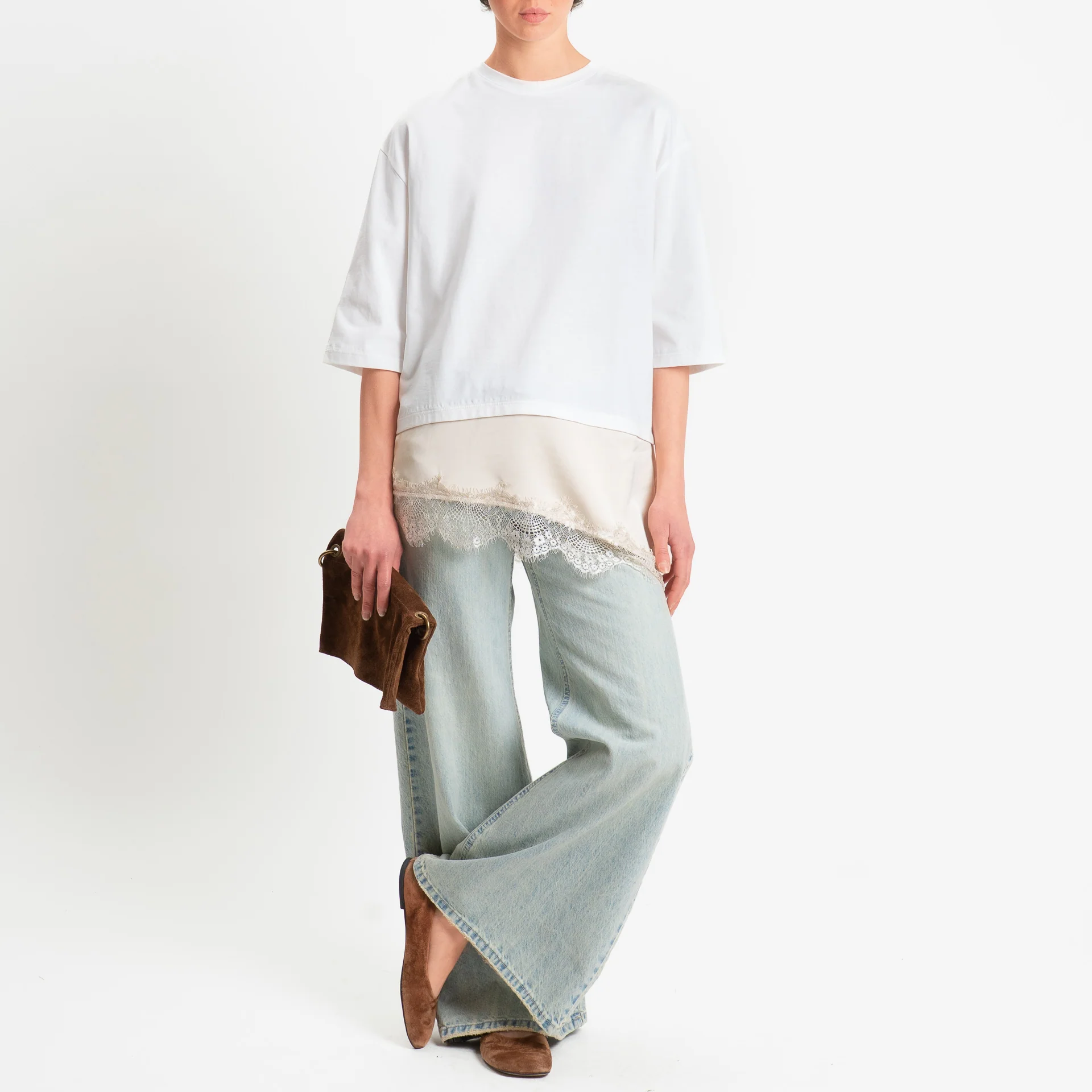 Tensione in-T-shirt doppio tessuto con pizzo - bianco/avorio