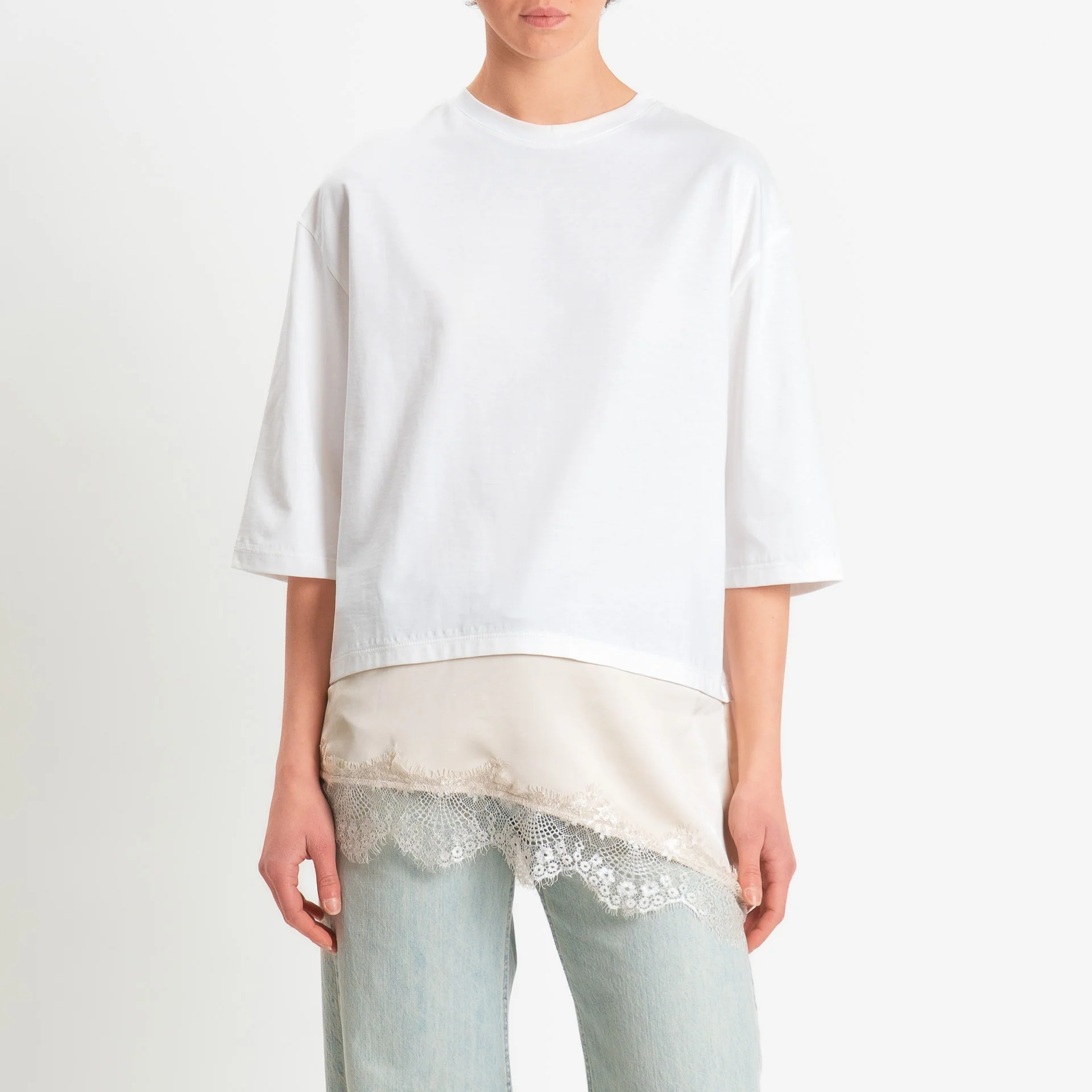 Tensione in-T-shirt doppio tessuto con pizzo - bianco/avorio - Image 2