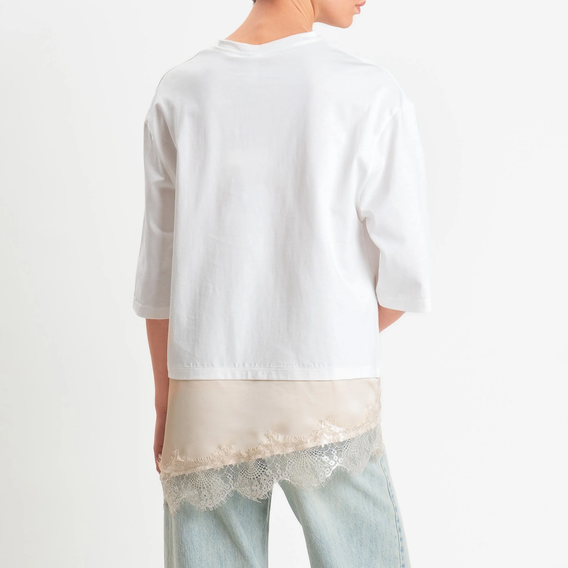 Tensione in-T-shirt doppio tessuto con pizzo - bianco/avorio - Image 3