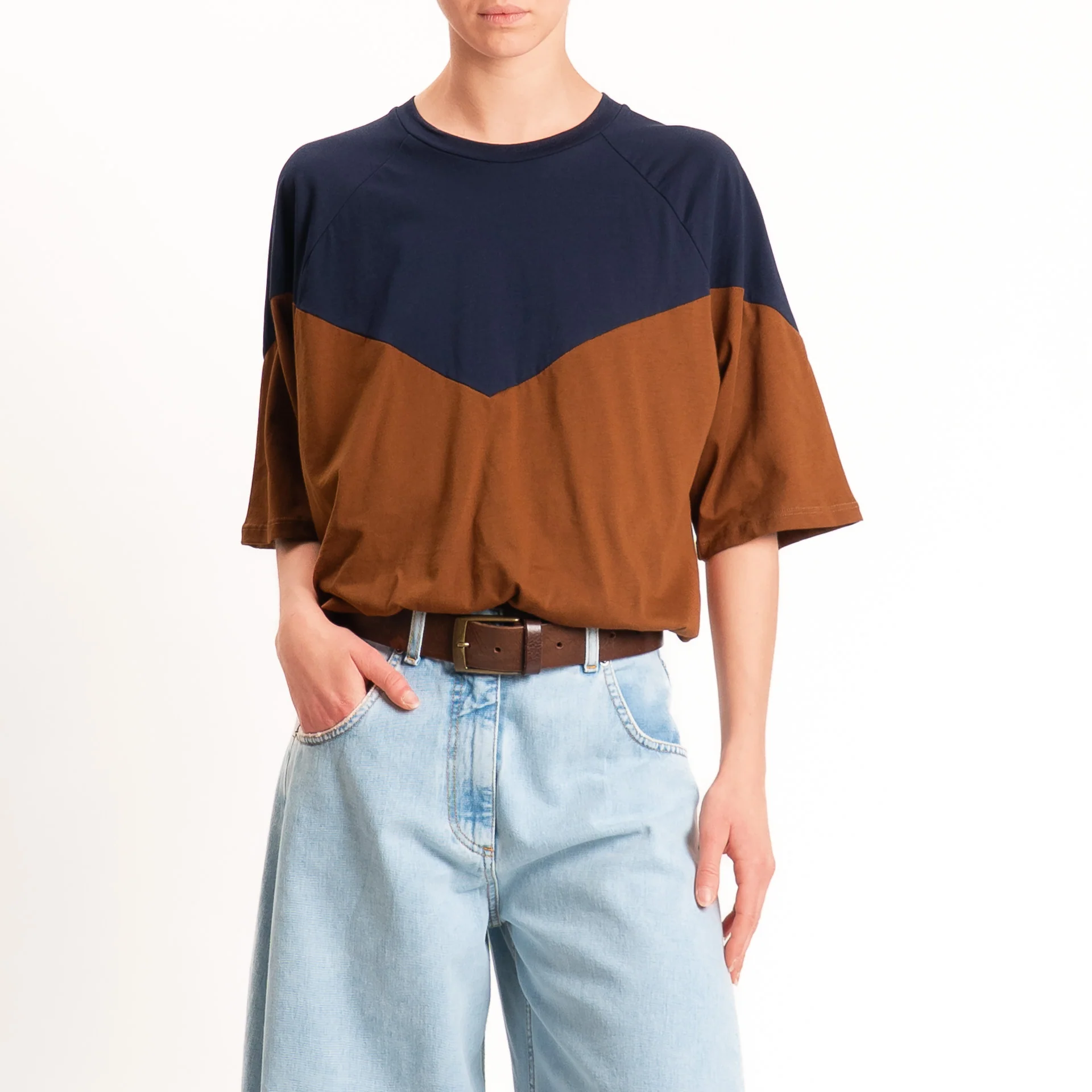 Tensione in-T-shirt bicolore elastico in vita - blu/tabacco - Image 2