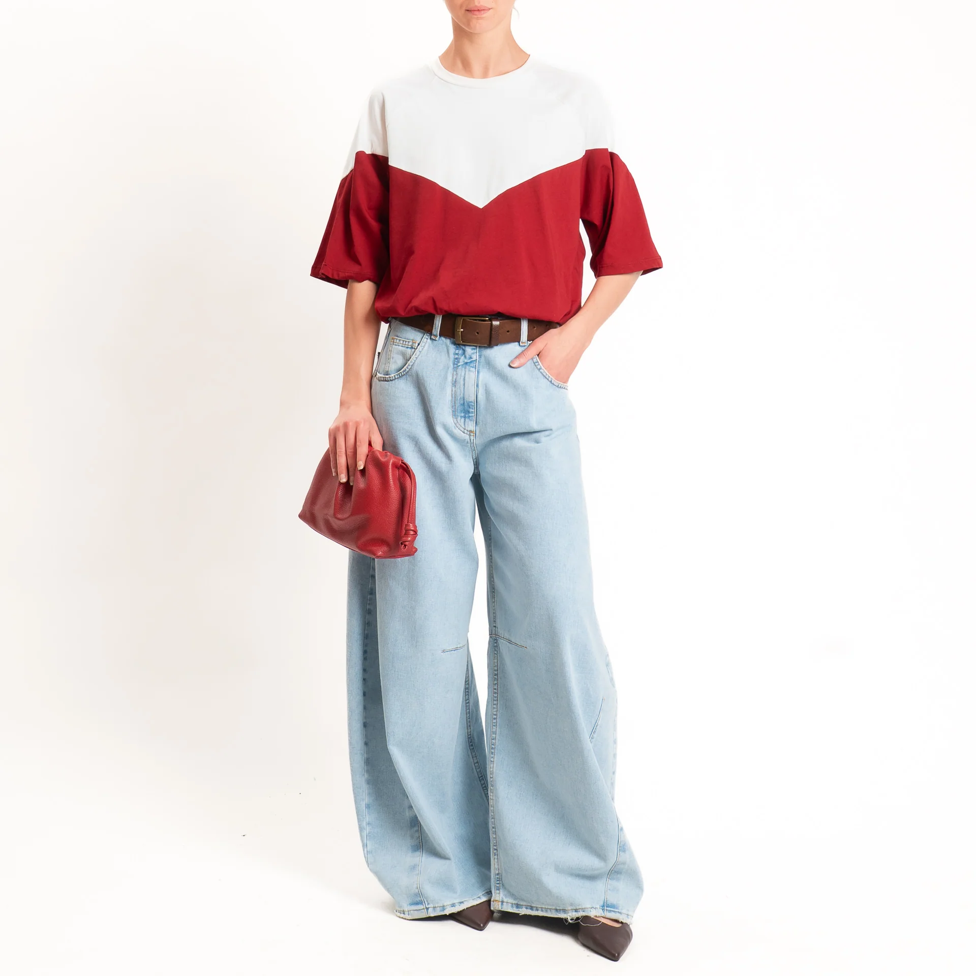 Tensione in-T-shirt bicolore elastico in vita - panna/rosso