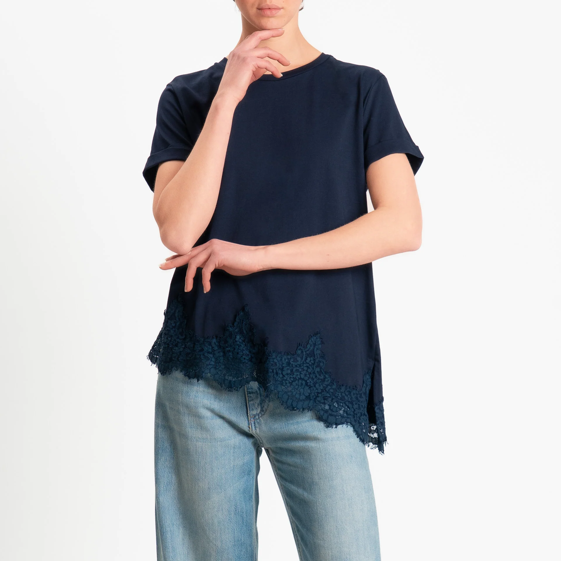 Tensione in-T-shirt asimmetrica con pizzo - blu - Image 2