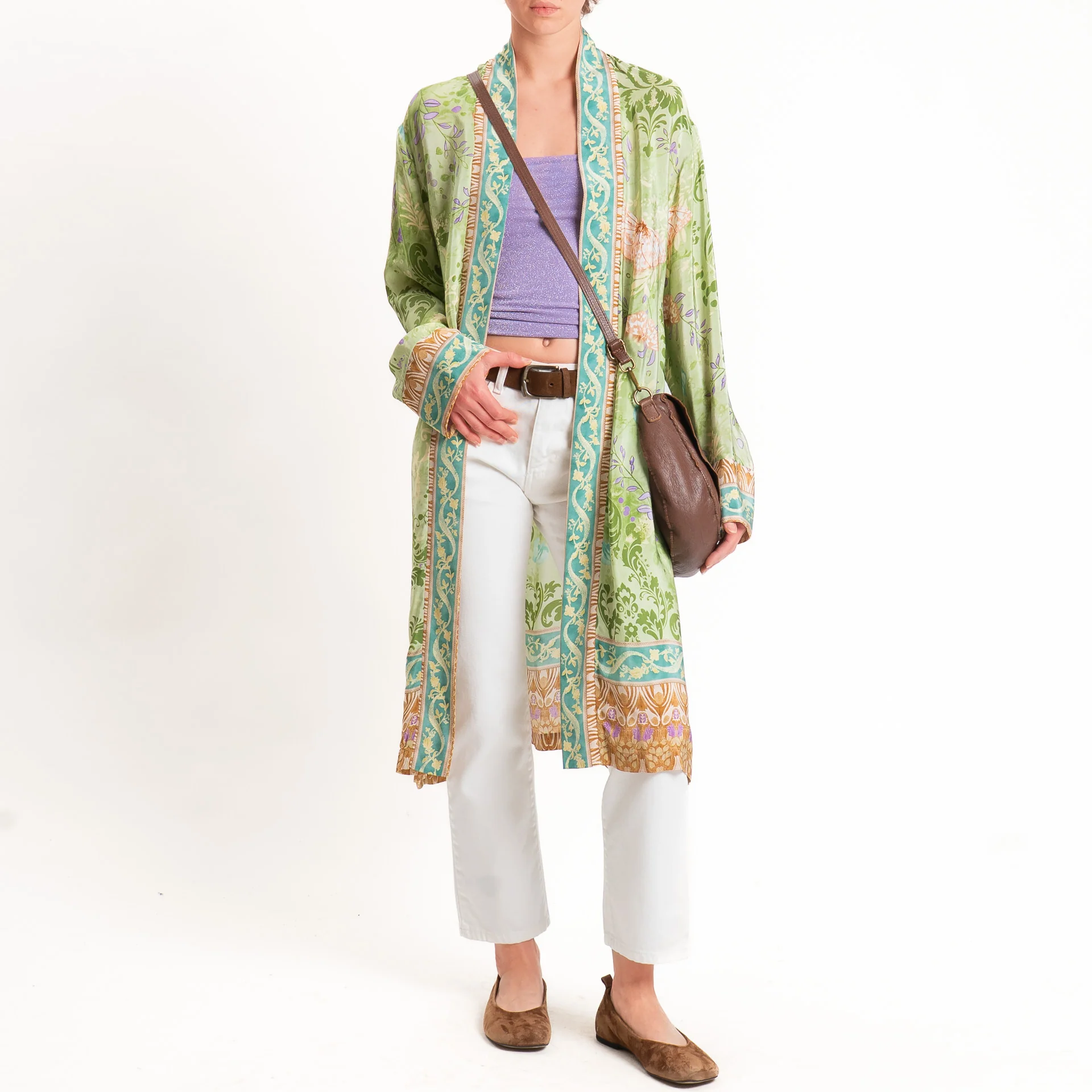 Wu'side-Kimono lungo fantasia floreale - verde/cuoio/lilla