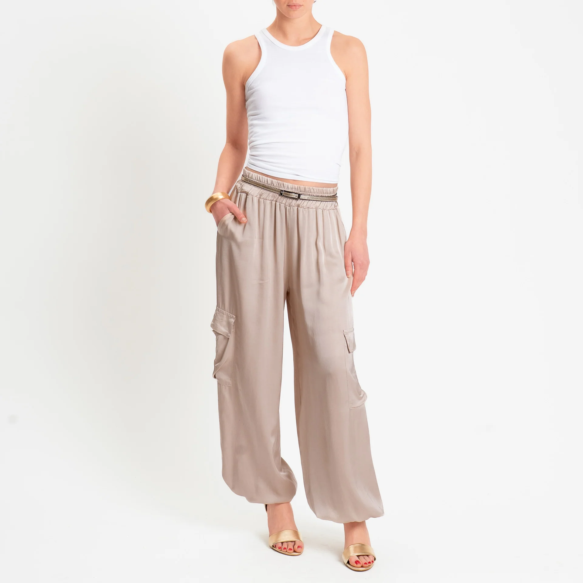 Motel-Pantalone cargo in satin elastico in vita - avena - Image 3