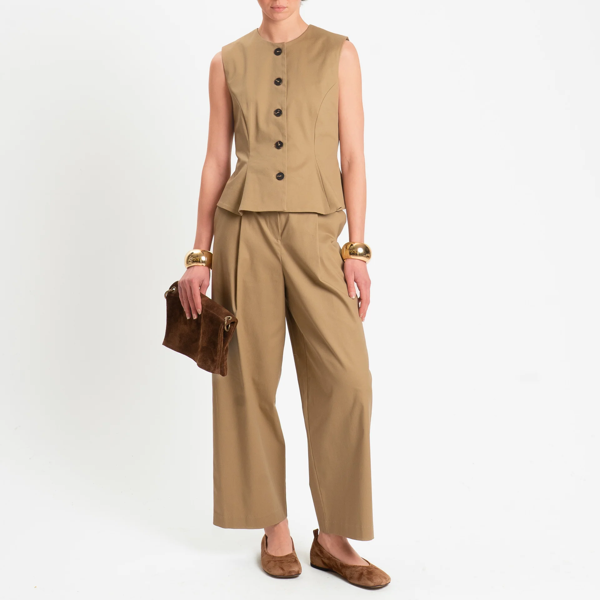 Tensione in-Pantalone in cotone con pinces - camel - Image 4