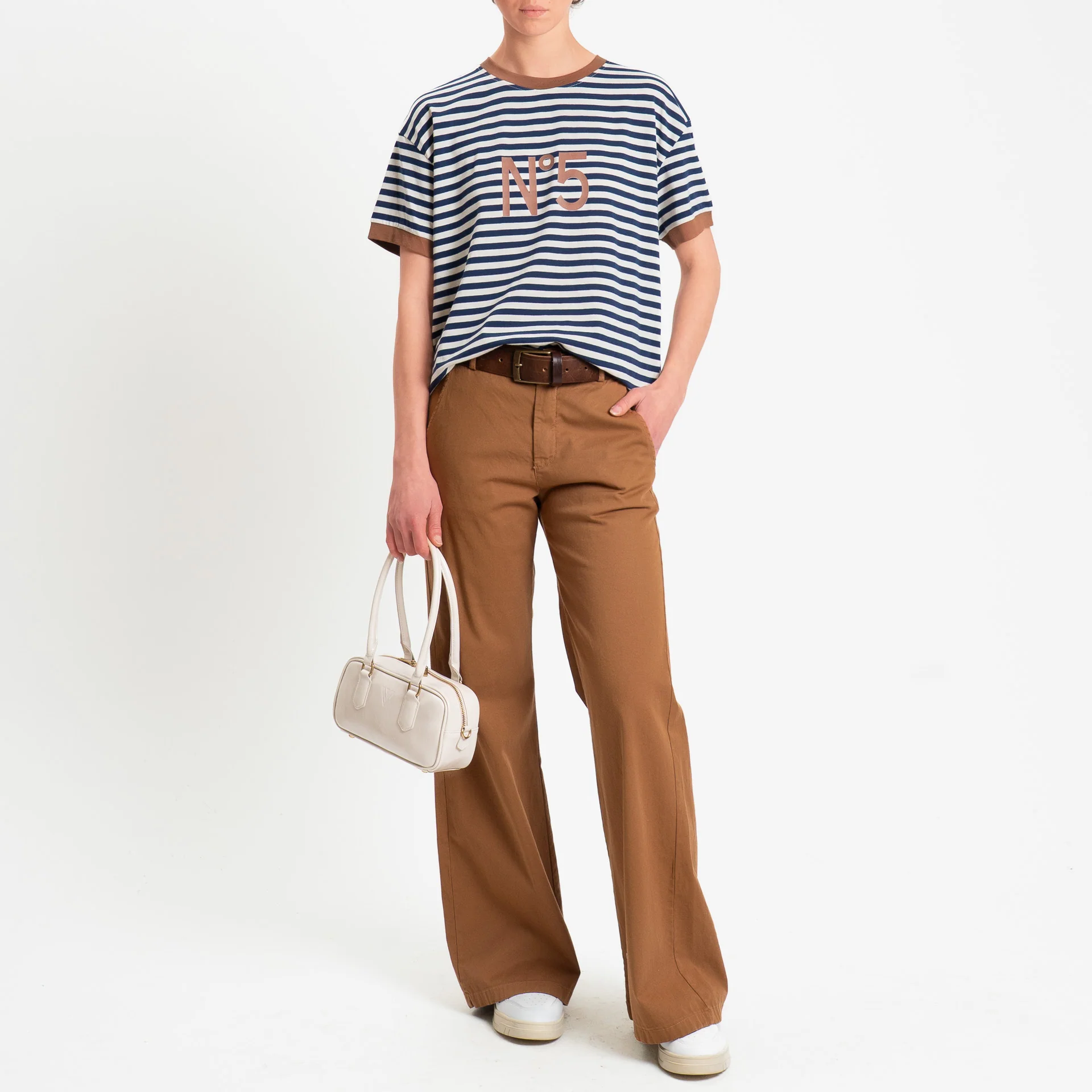 Tensione in-T-shirt righe n5 - cuoio/panna/blu