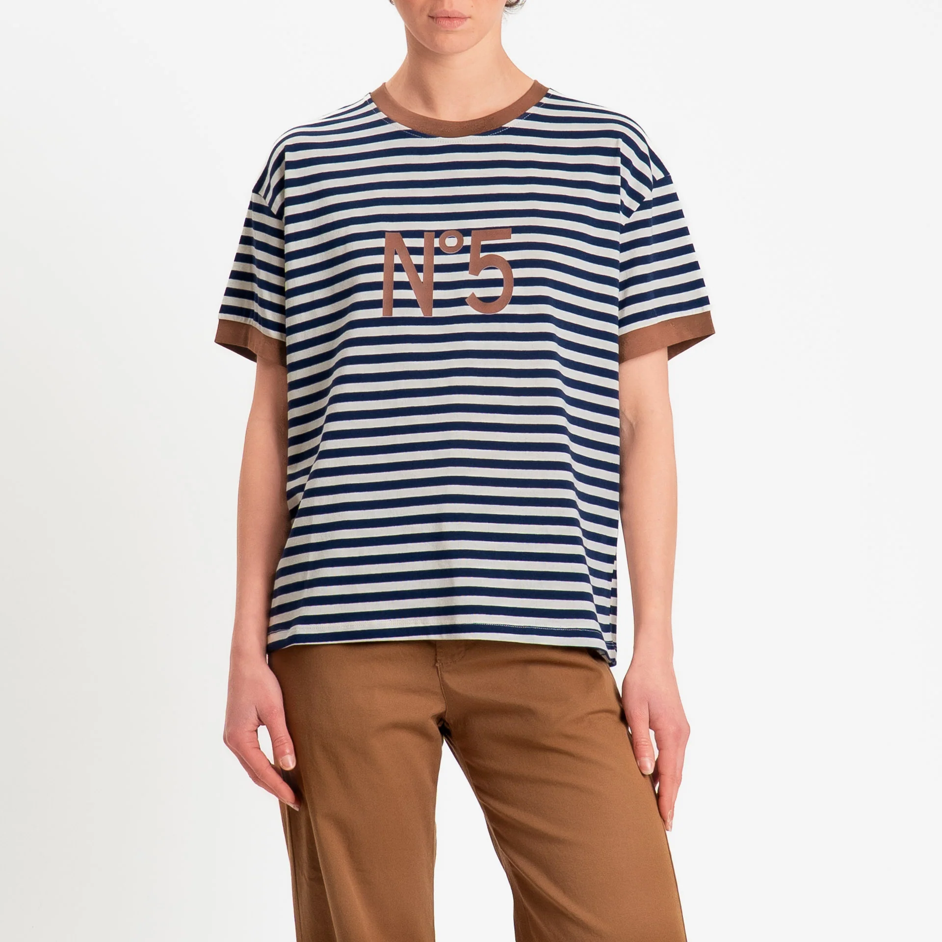 Tensione in-T-shirt righe n5 - cuoio/panna/blu - Image 2