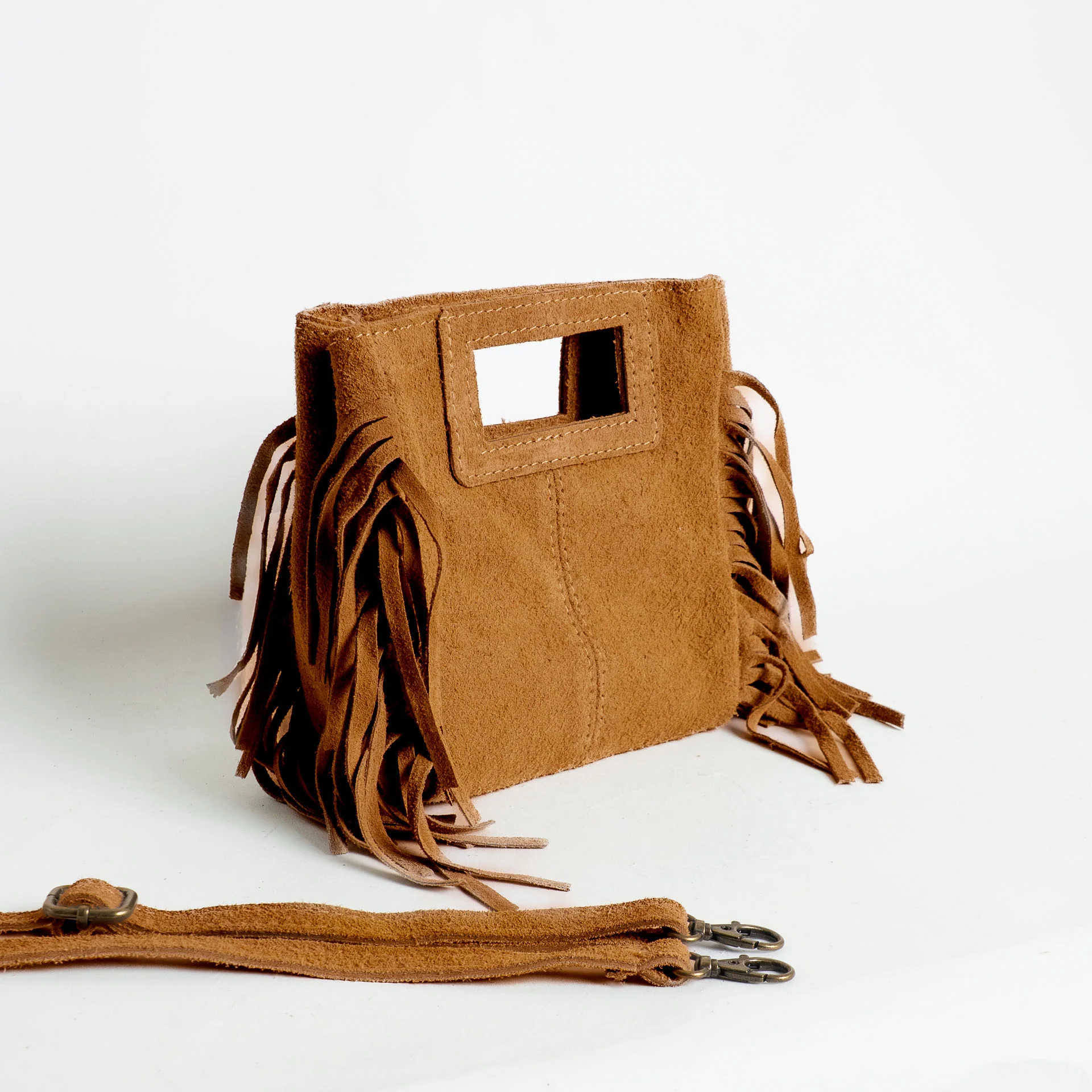 W by Whitemood-Mini borsa a mano scamociata con frange - cuoio - Image 2