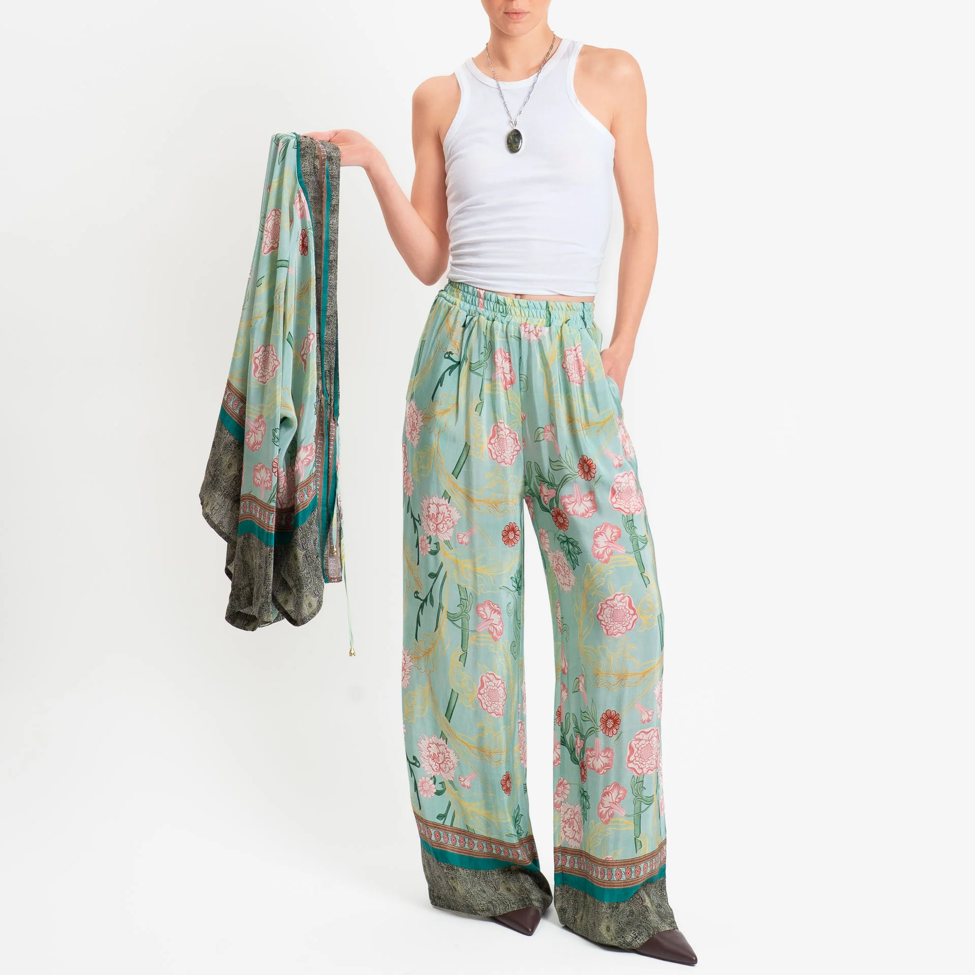 Wu'side-Pantalone fantasia floreale elastico in vita - menta/rosa/militare