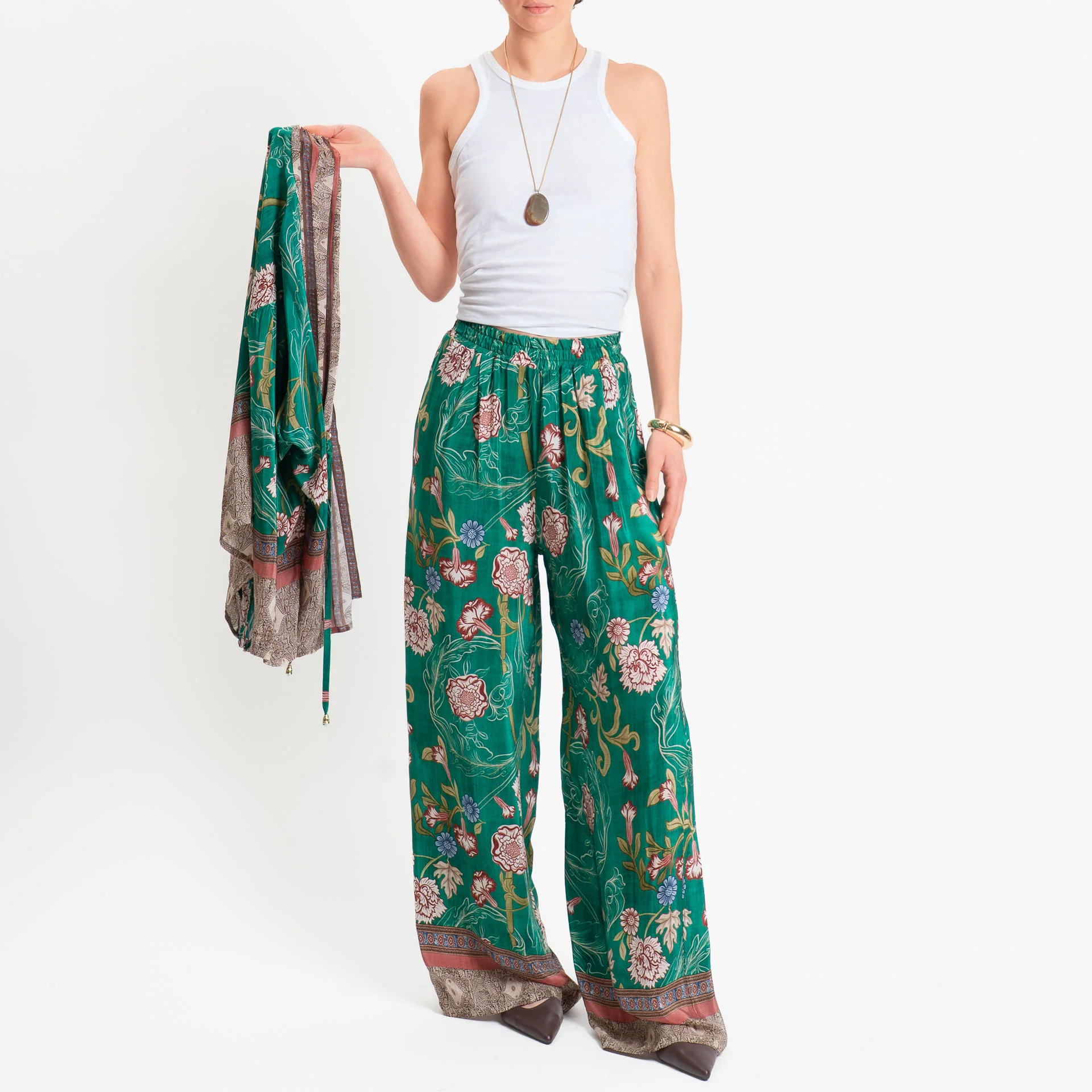 Wu'side-Pantalone fantasia floreale elastico in vita - smeraldo/rust/moro
