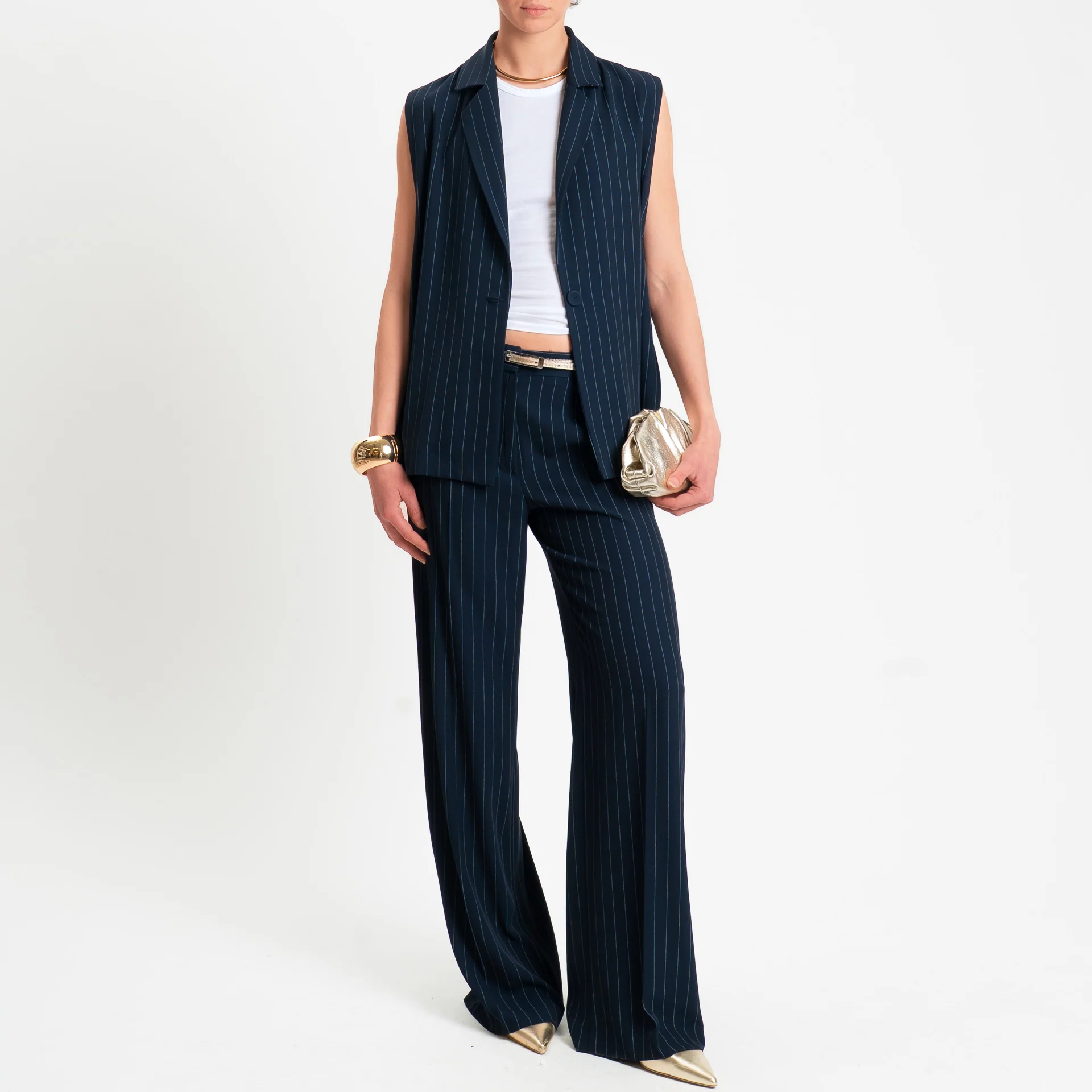 Zeroassoluto-Pantalone palazzo tessuto fluido gessato - blu - Image 4