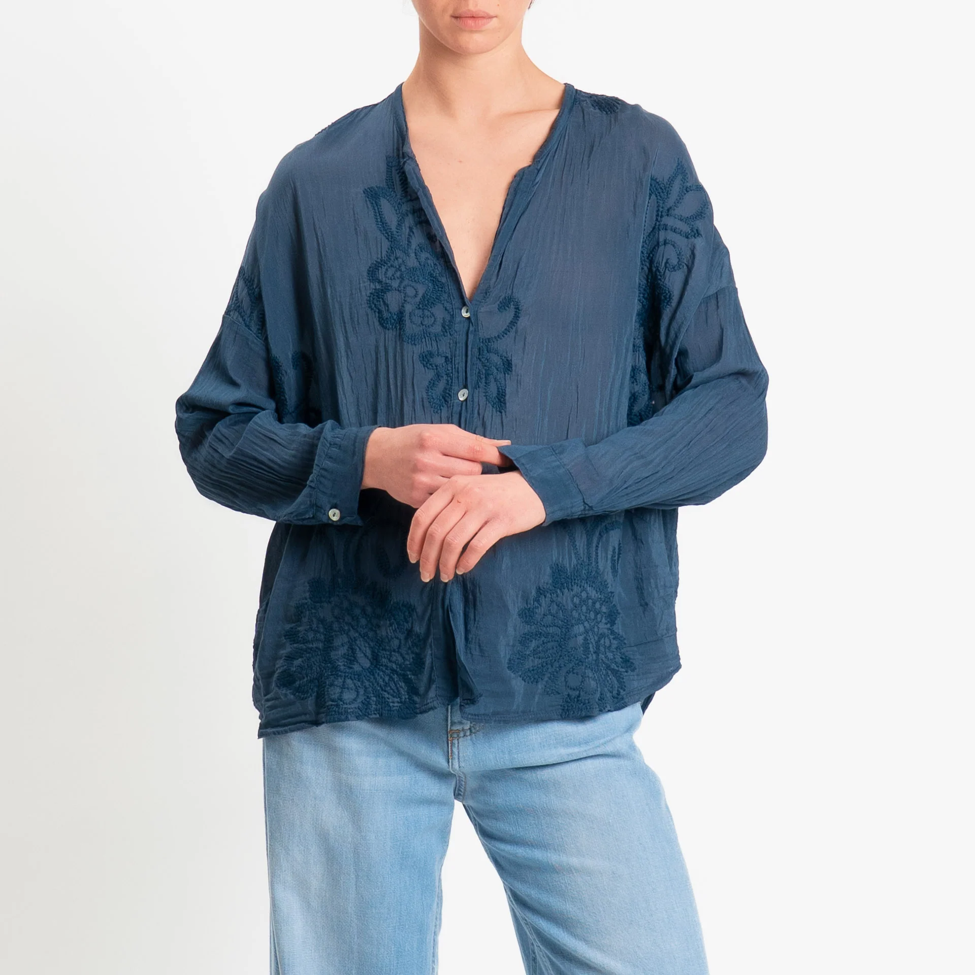 Tensione in-Camicia mussola con ricami misto seta - blu - Image 2