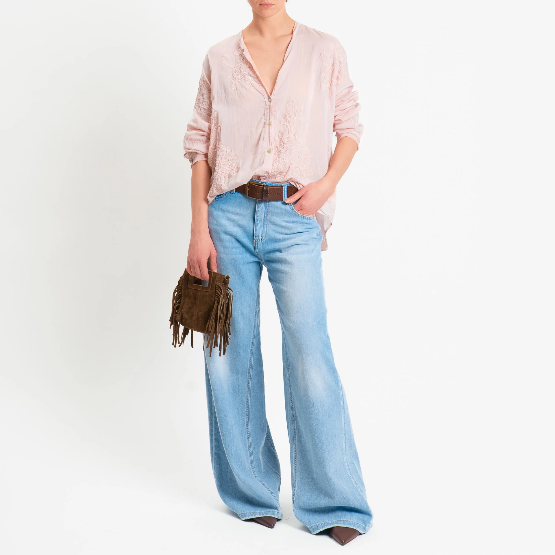 Tensione in-Camicia mussola con ricami misto seta - cipria