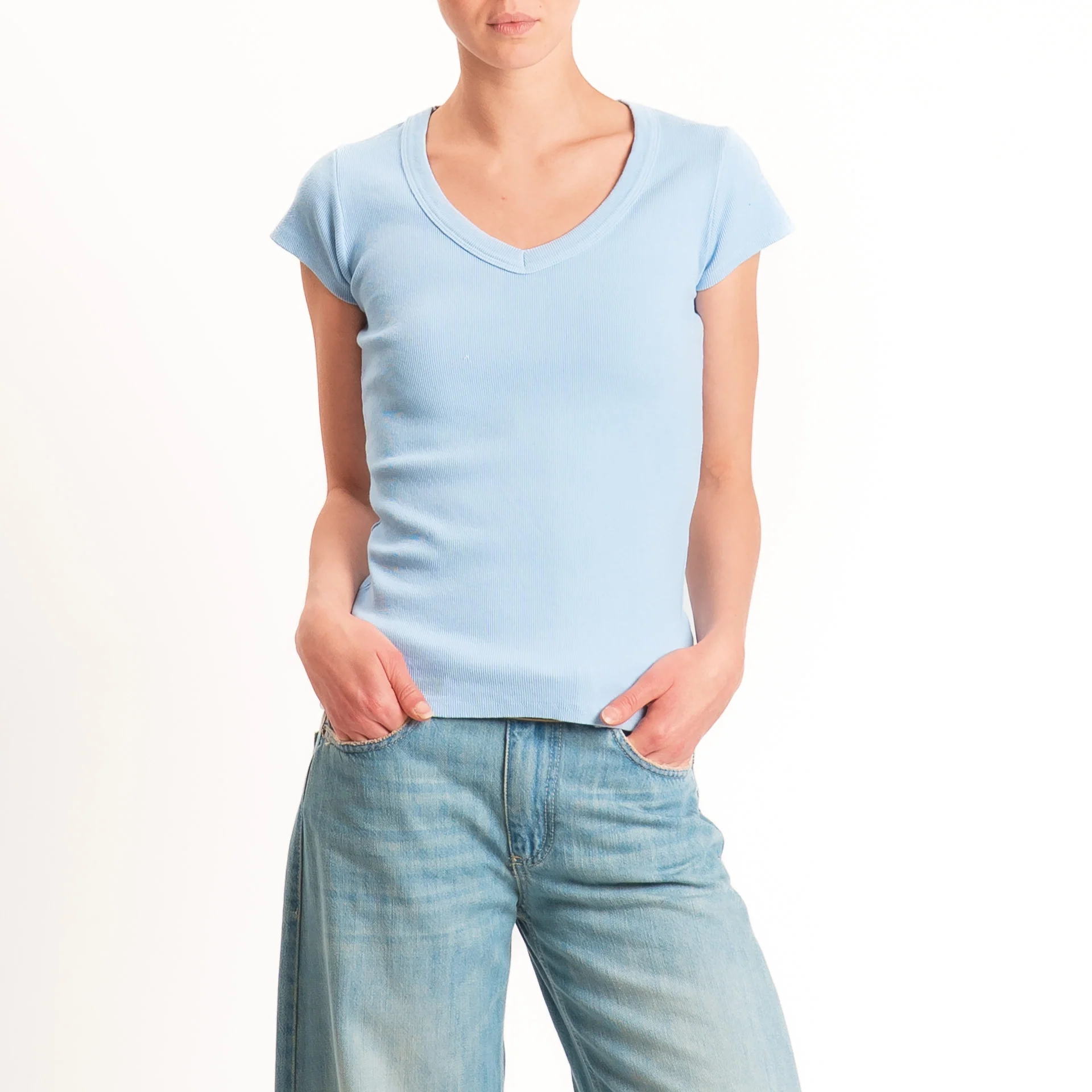 Tensione in-T-shirt scollo v a costine - celeste - Image 2