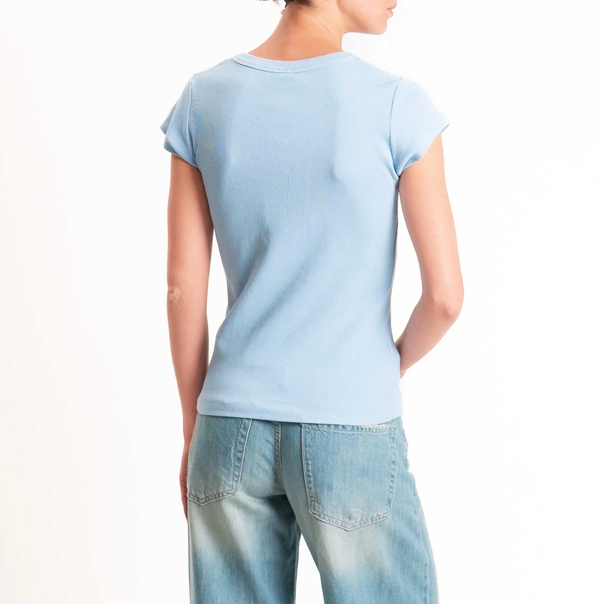 Tensione in-T-shirt scollo v a costine - celeste - Image 3