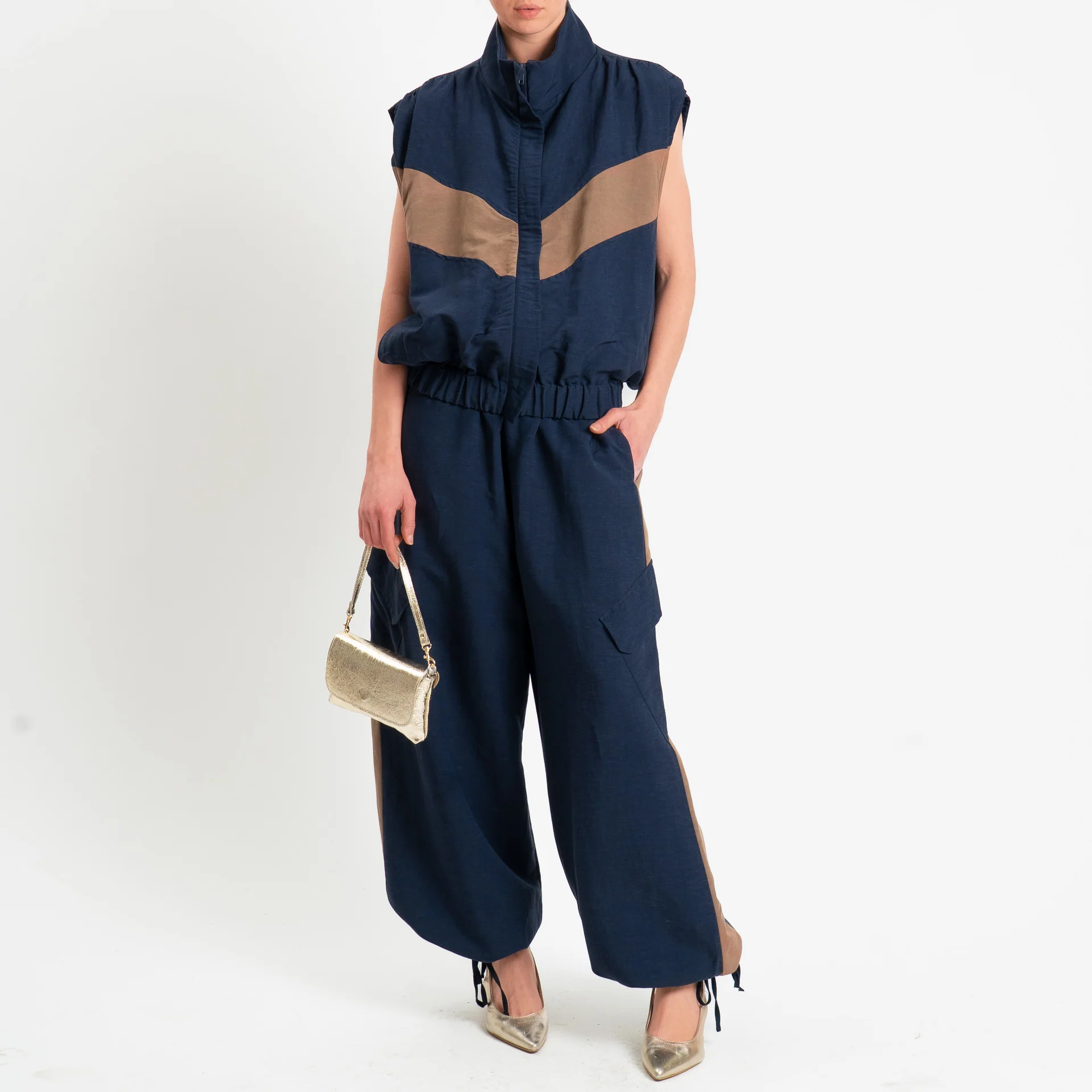 Tensione in-Pantalone cargo bicolore misto lino - blu/biscotto