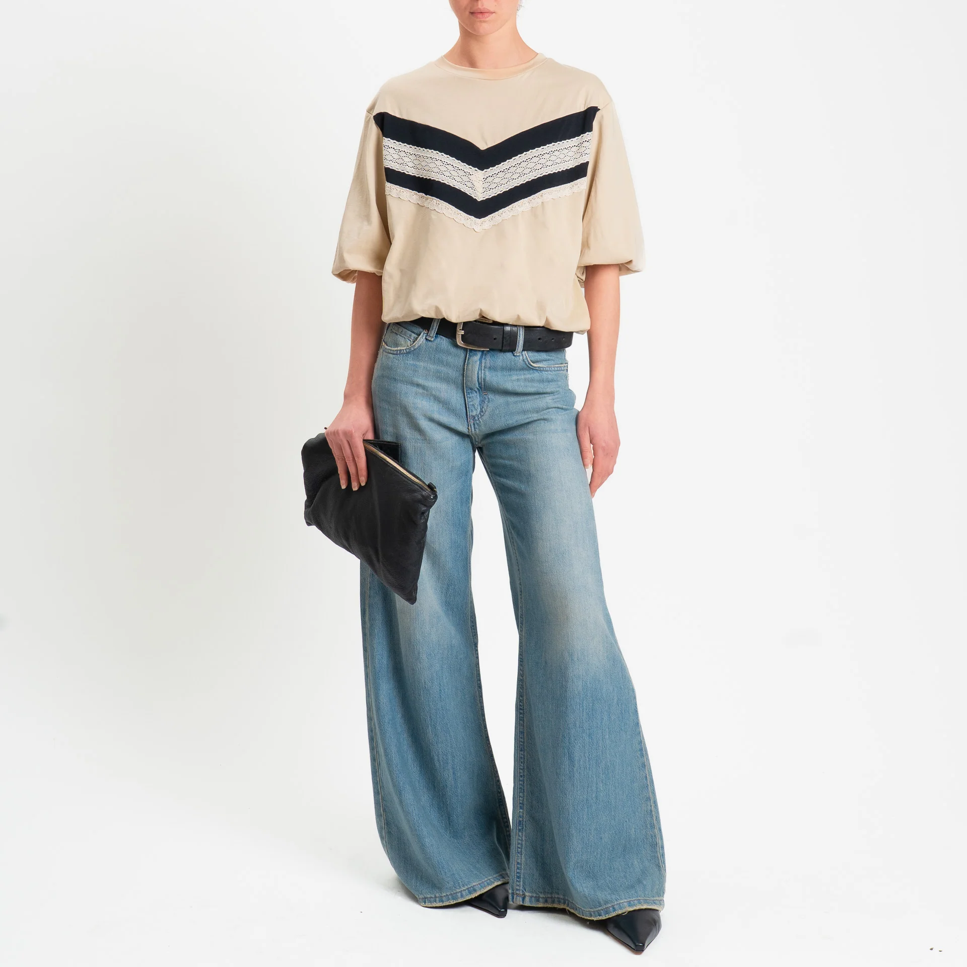 Tensione in-T-shirt bicolore elastico in vita con applicazione in pizzo - beige/nero/burro
