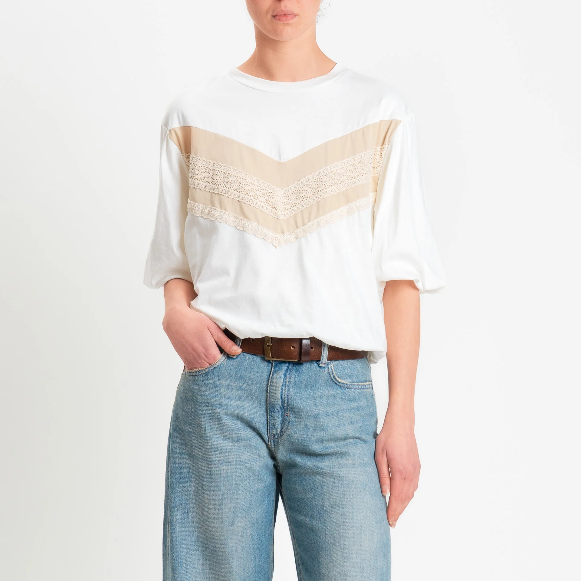 Tensione in-T-shirt bicolore elastico in vita con applicazione in pizzo - panna/beige/burro - Image 2