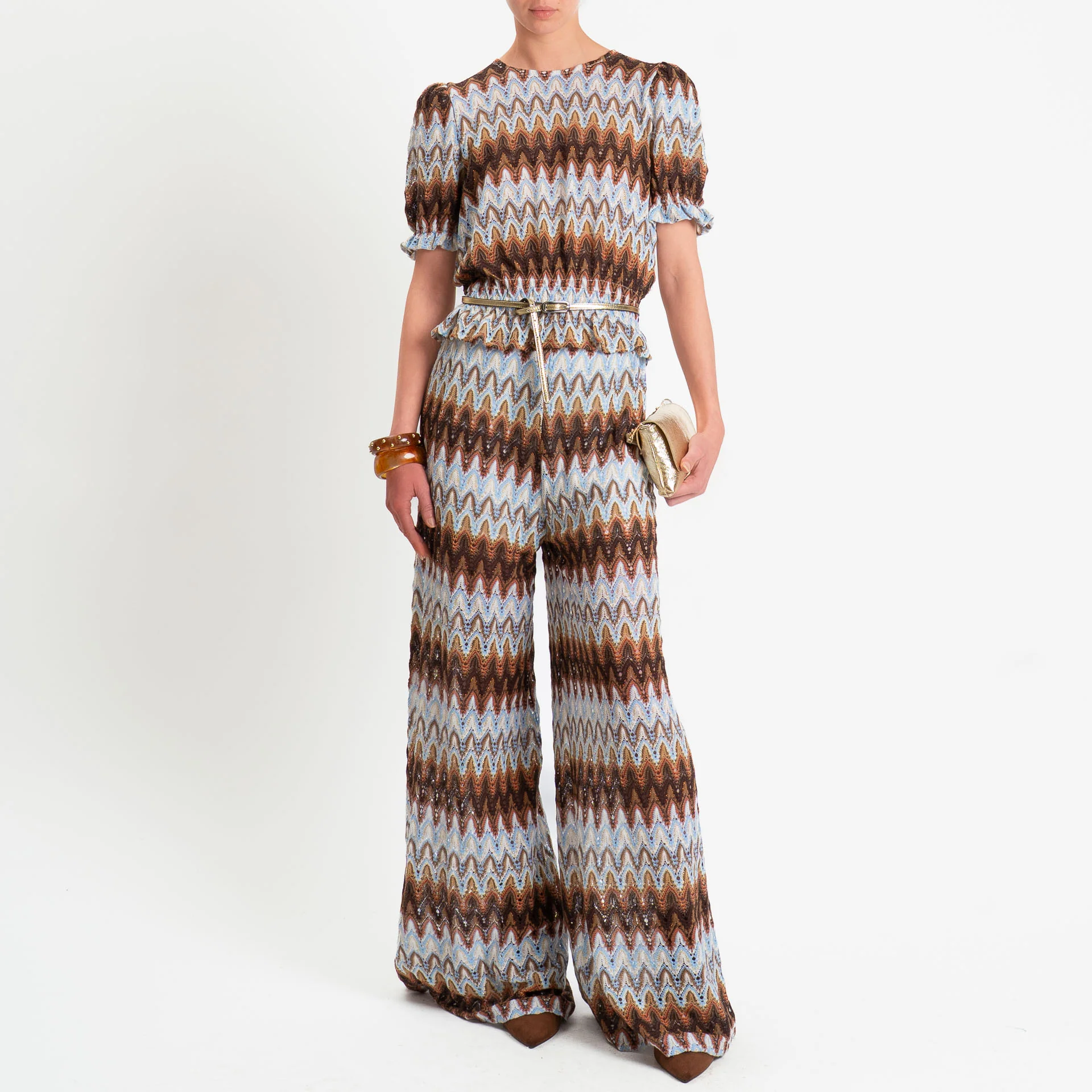 Motel-Pantaloni fantasia wavy pattern elastico - moro/celeste/burro - Image 4