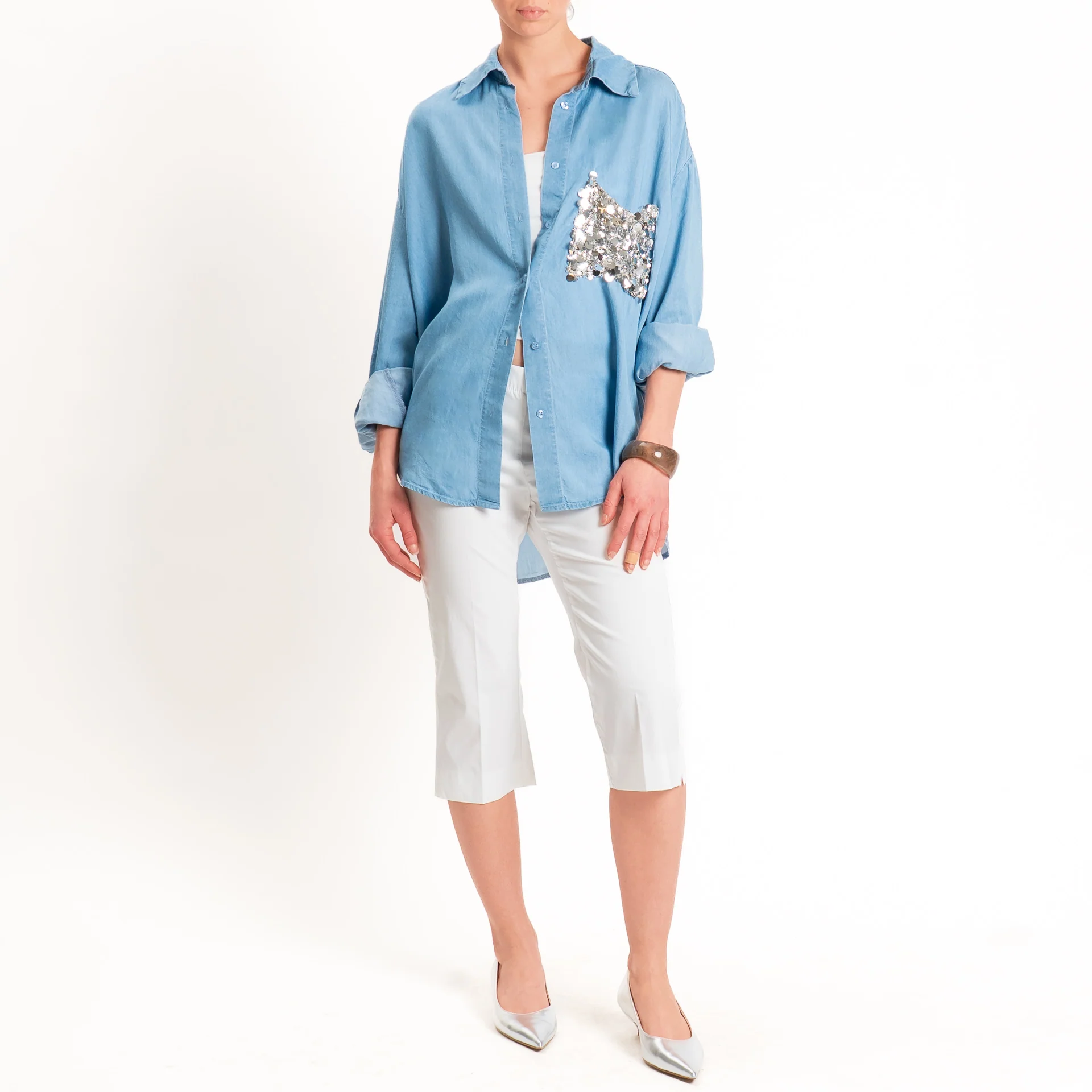 Tensione in-Camicia chambray con taschino maxi paillettes - denim