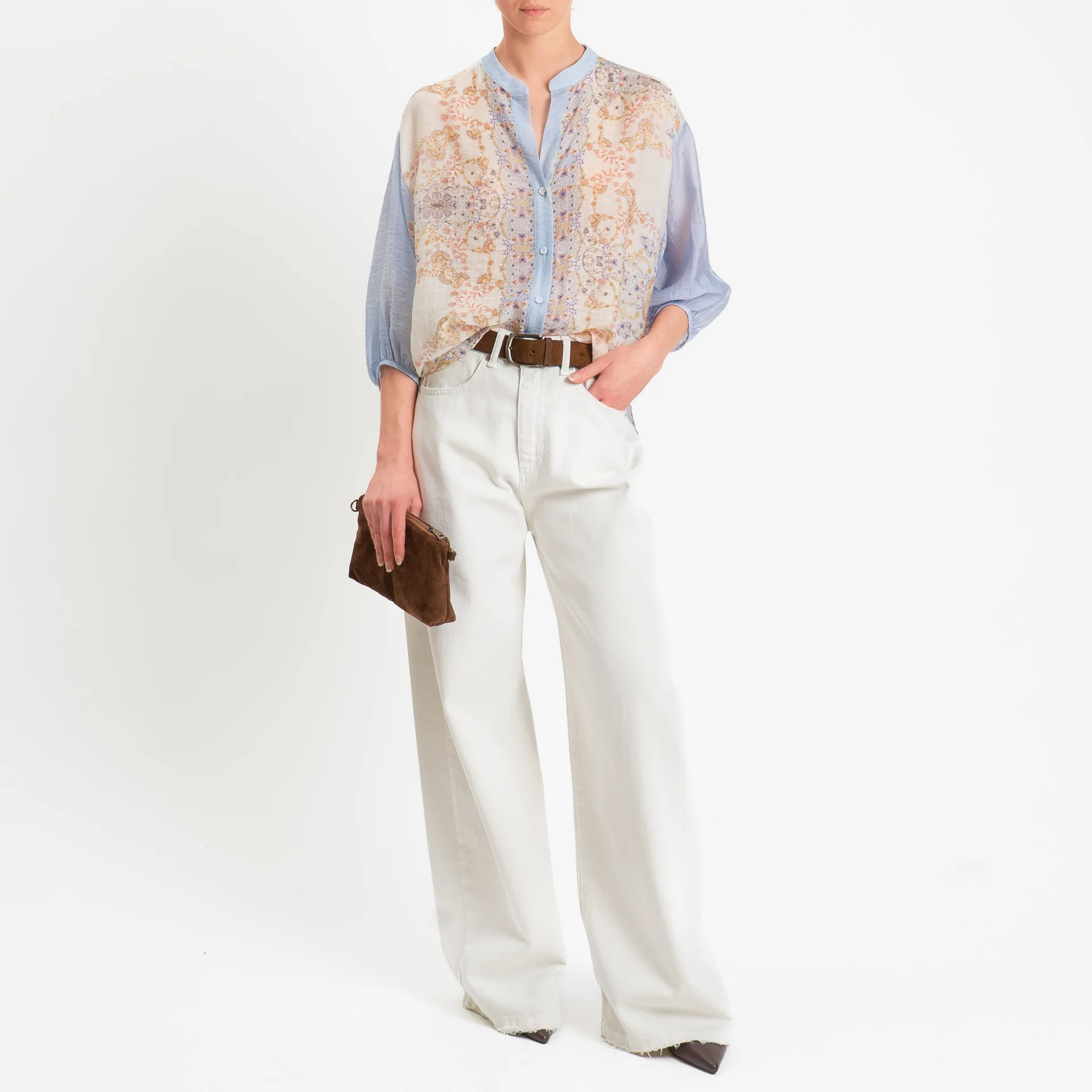 Tensione in-Camicia mussola fantasia floreale - cielo/burro/rosa