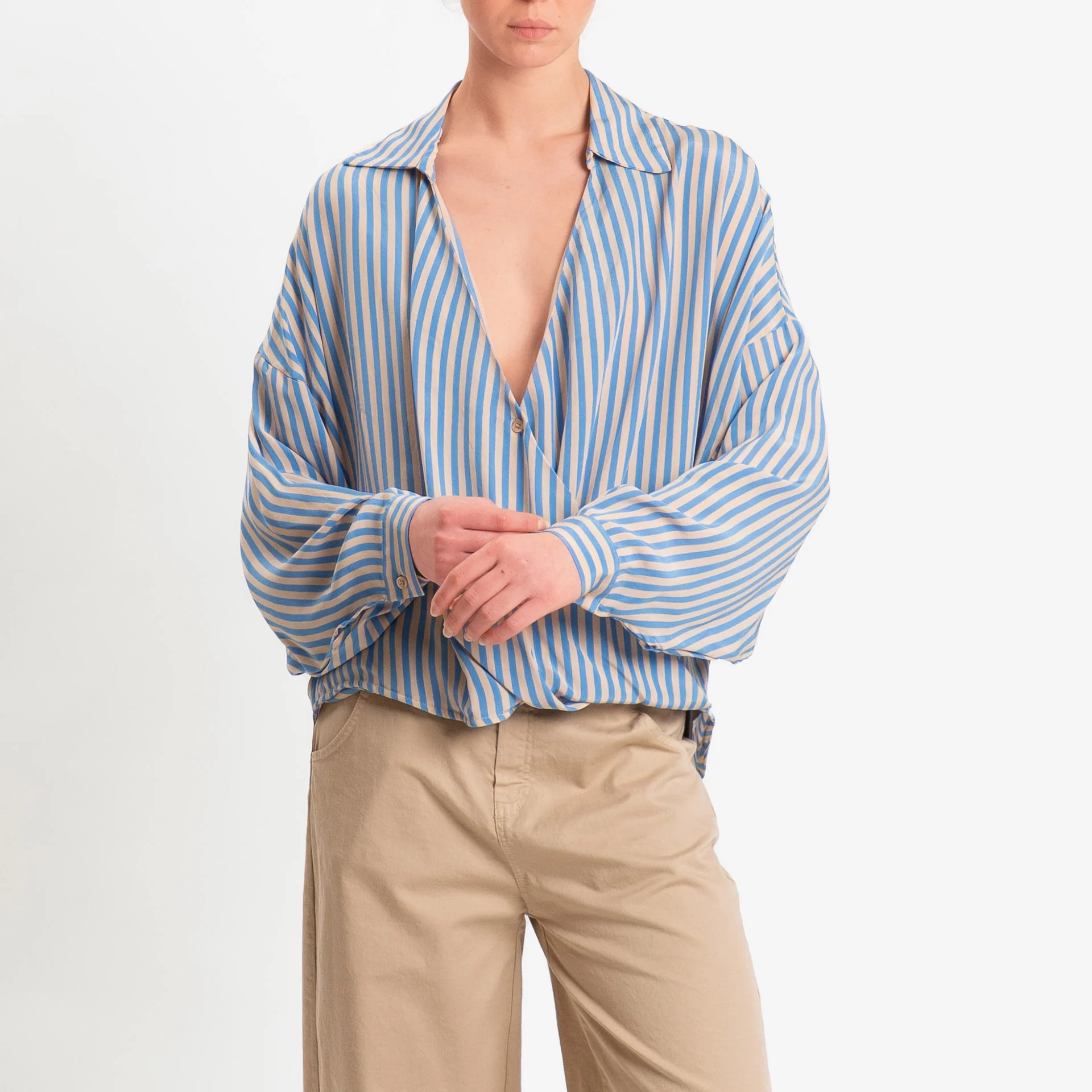 Dixie-Camicia scollo a v a righe allacciatura incrociata - celeste/beige - Image 2