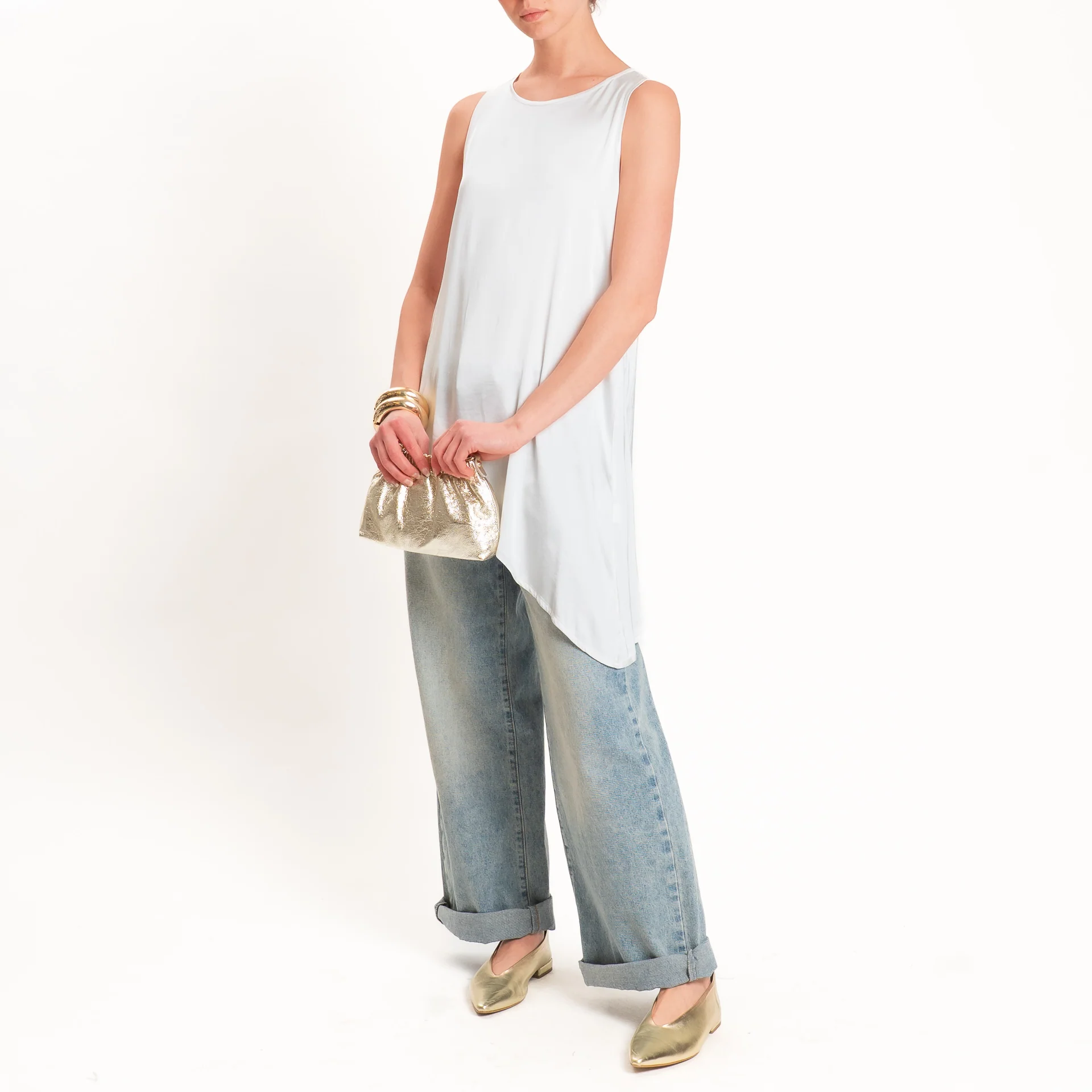 Haveone-Top satin asimmetrico bottone dietro - ghiaccio - Image 3