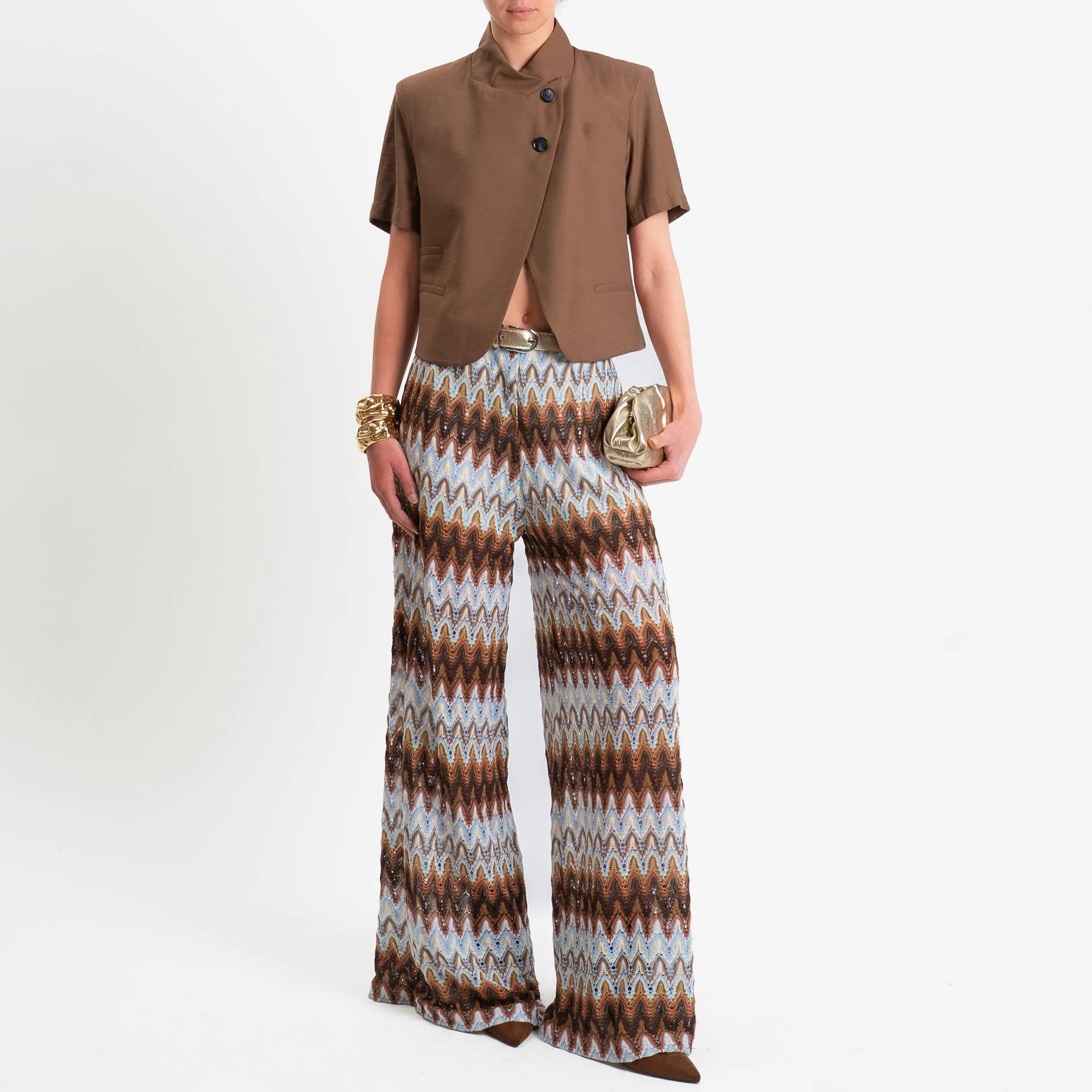 Motel-Pantaloni fantasia wavy pattern elastico - moro/celeste/burro