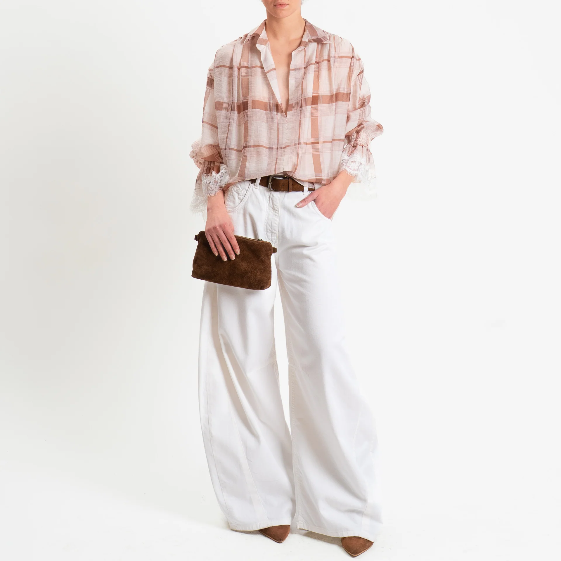 Haveone-Blusa check mussola di lyocell con pizzo - cipria/burro