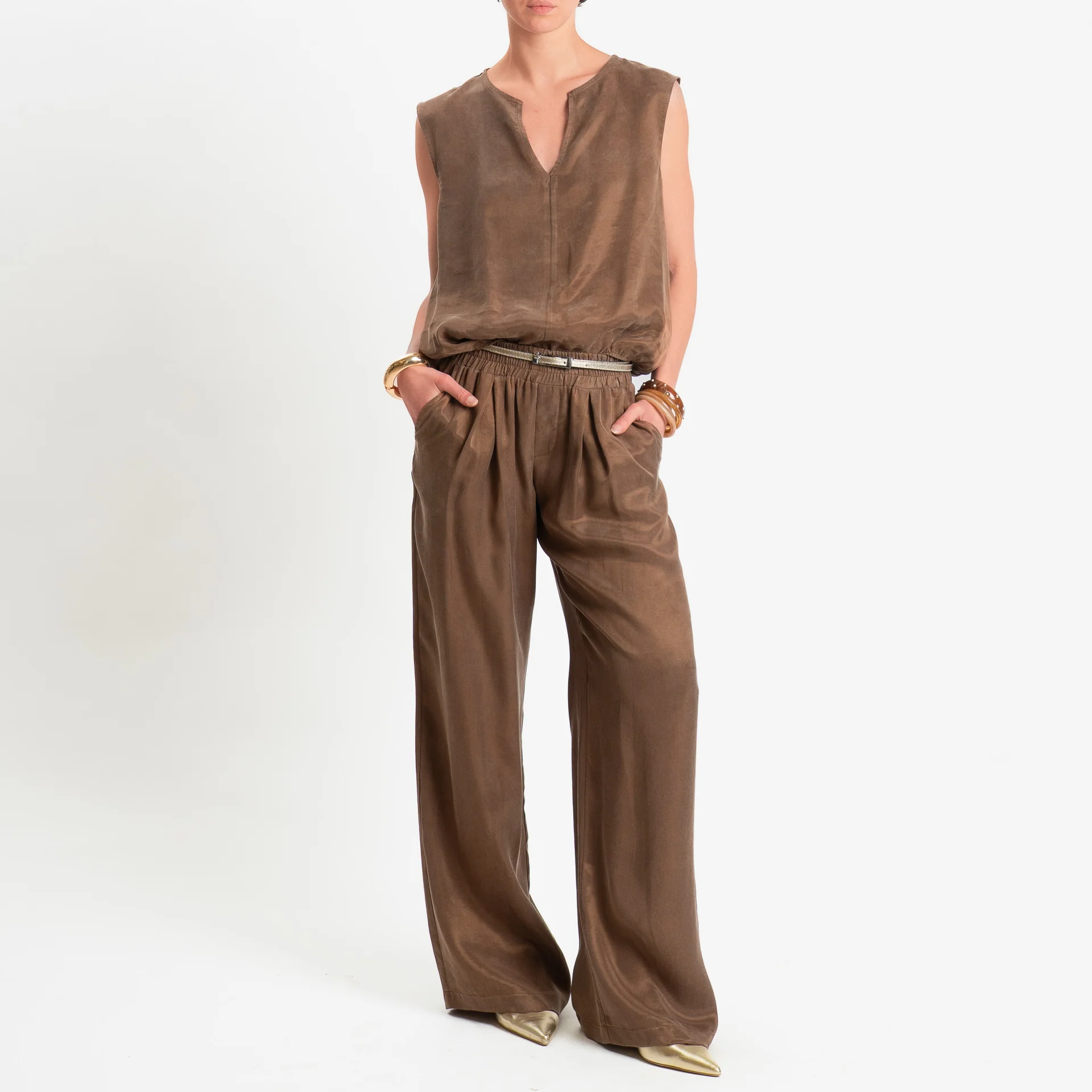 Zeroassoluto-Pantalone wide leg cupro lyocell fibra naturale - choco - Image 4