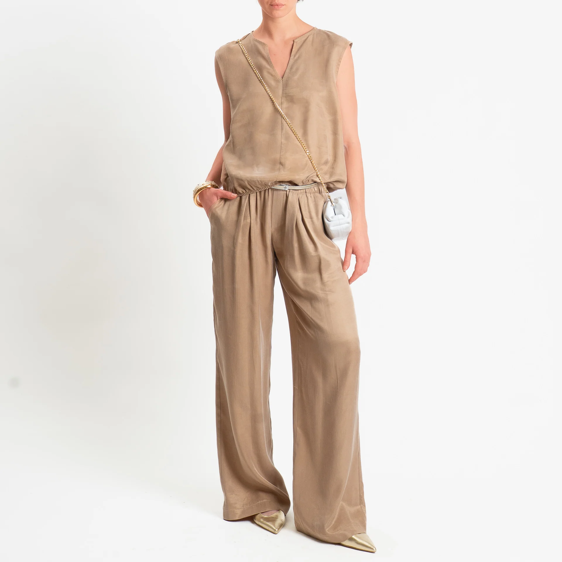 Zeroassoluto-Pantalone wide leg cupro lyocell fibra naturale - sahara - Image 4