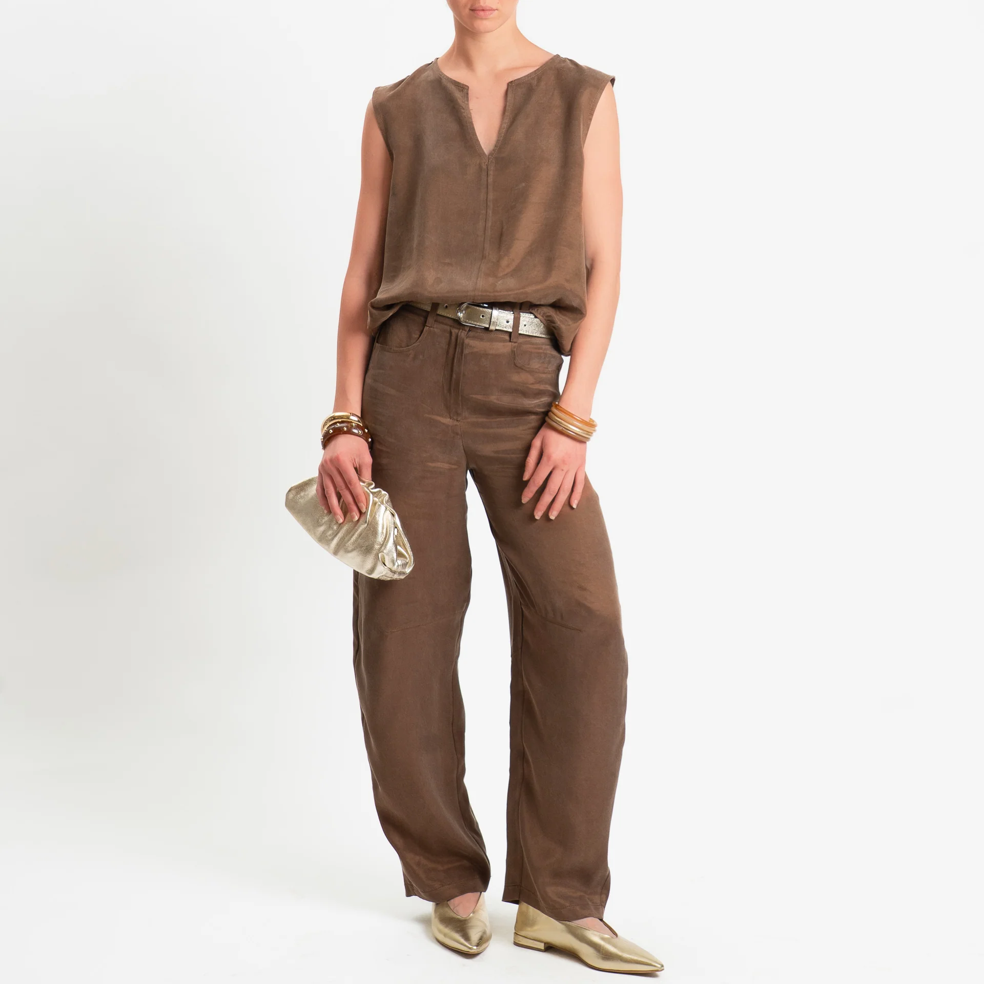 Zeroassoluto-Blusa smanicata cupro lyocell fibra naturale - choco