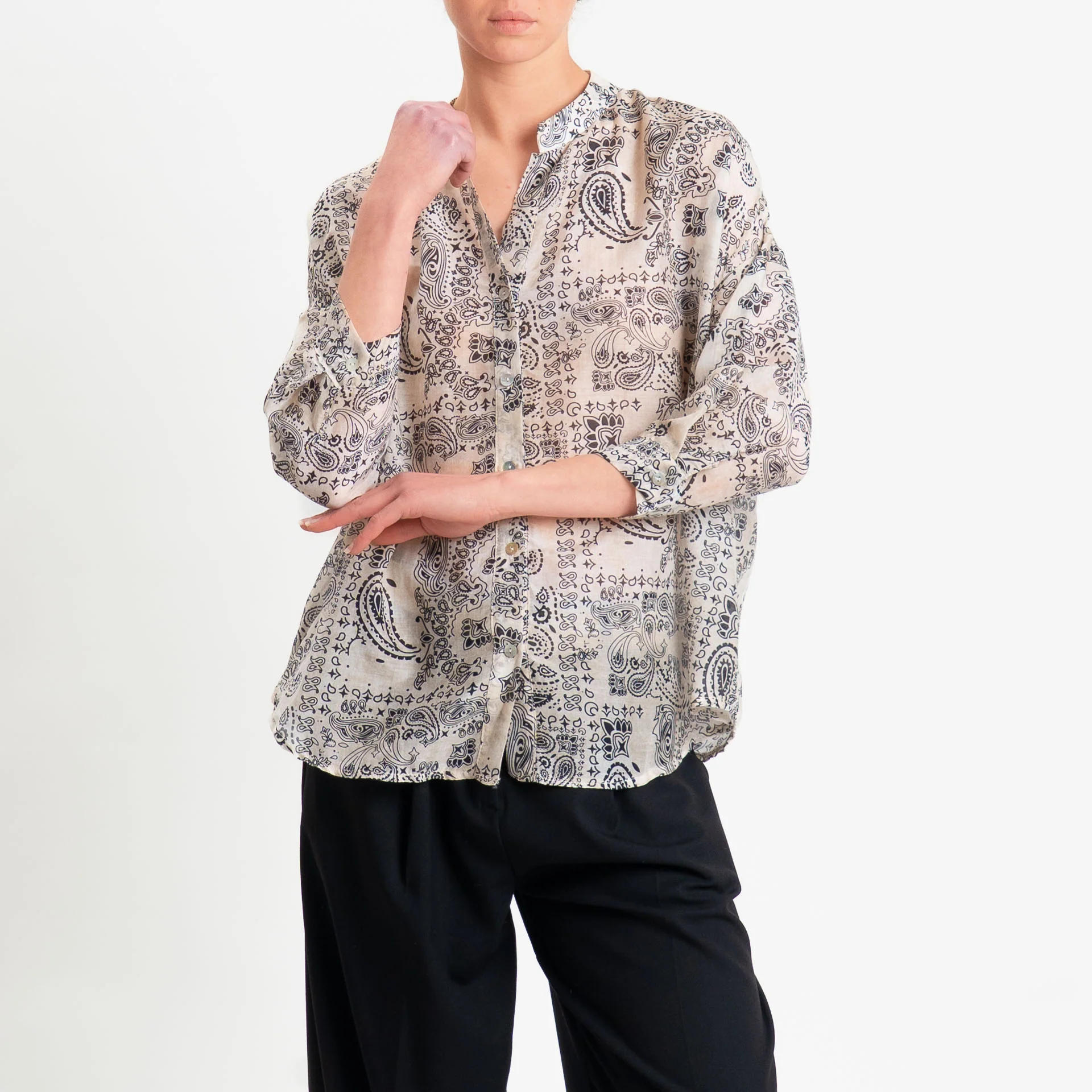 Zeroassoluto-Camicia MAIA mussola seta/cotone fantasia - bandana burro/nero - Image 2