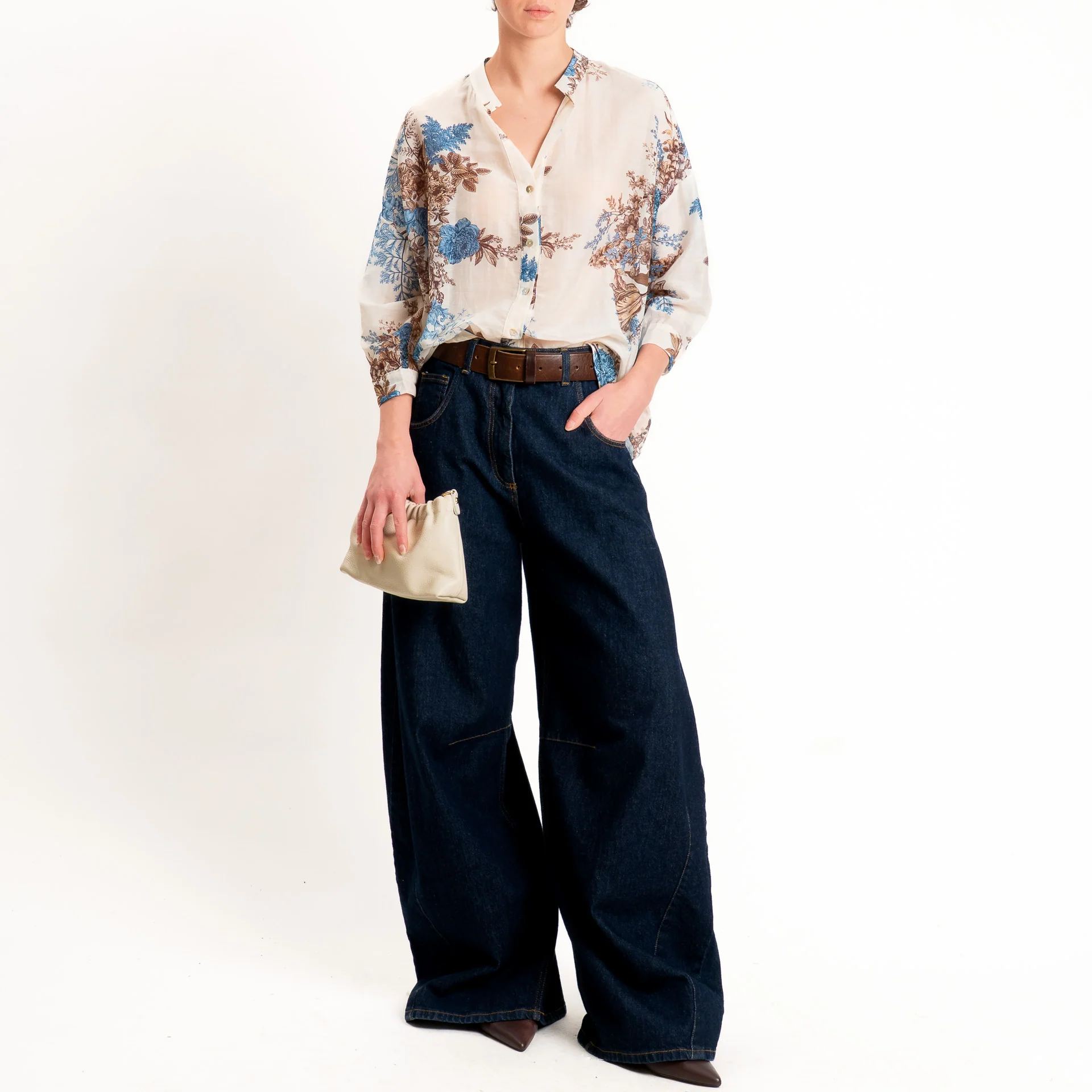 Zeroassoluto-Camicia MAIA mussola seta/cotone - fiori burro/jeans/choco