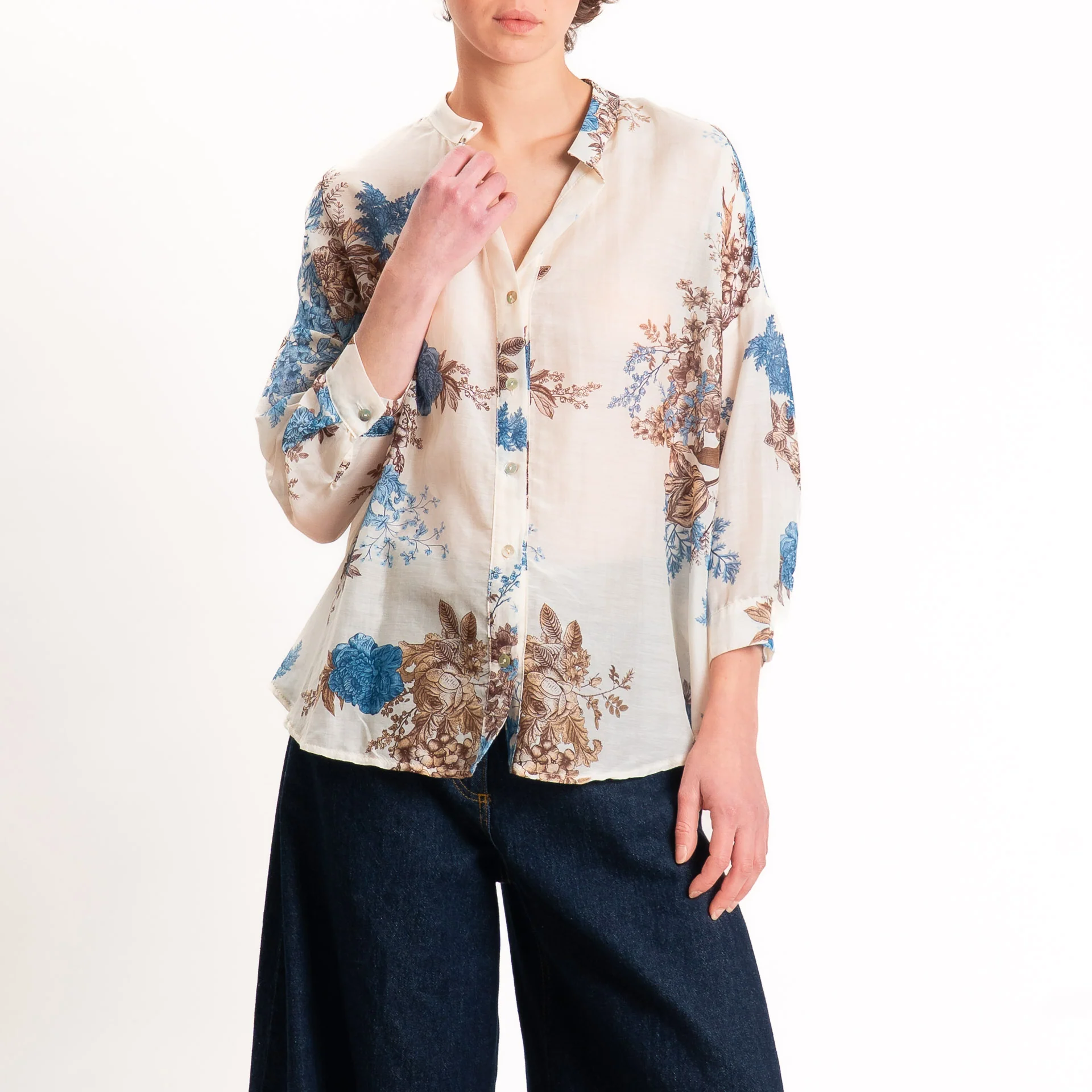Zeroassoluto-Camicia MAIA mussola seta/cotone - fiori burro/jeans/choco - Image 2