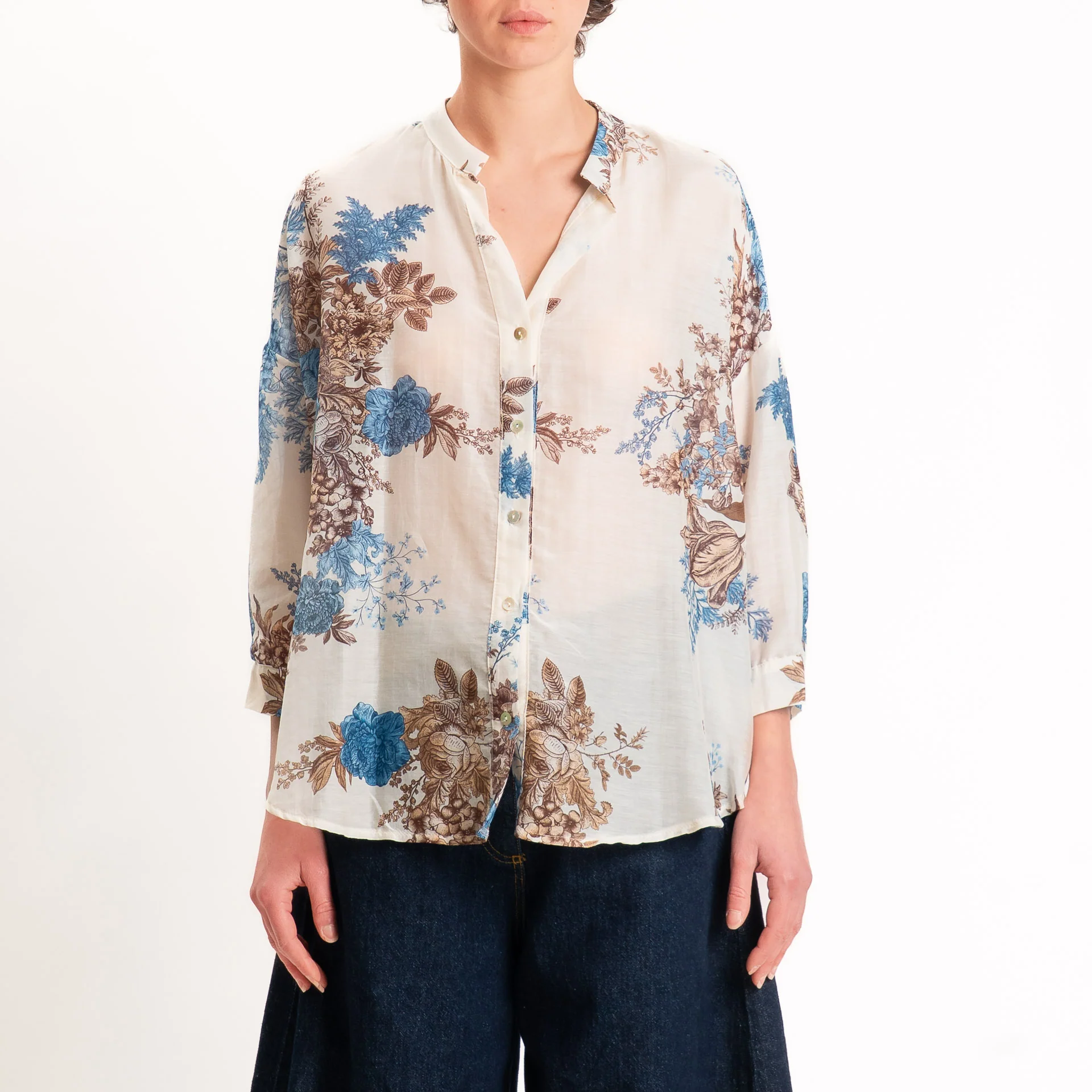 Zeroassoluto-Camicia MAIA mussola seta/cotone - fiori burro/jeans/choco - Image 3