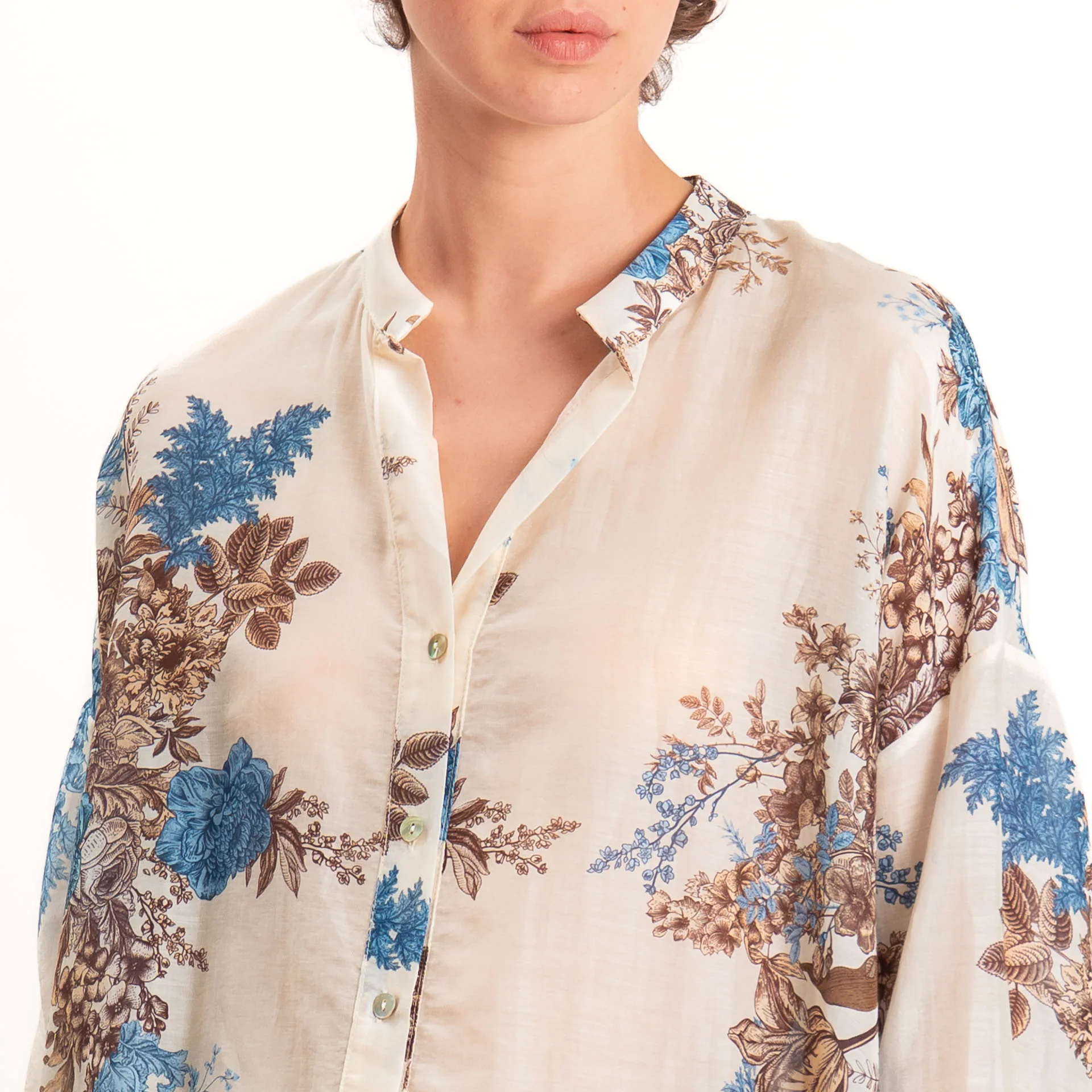 Zeroassoluto-Camicia MAIA mussola seta/cotone - fiori burro/jeans/choco - Image 4