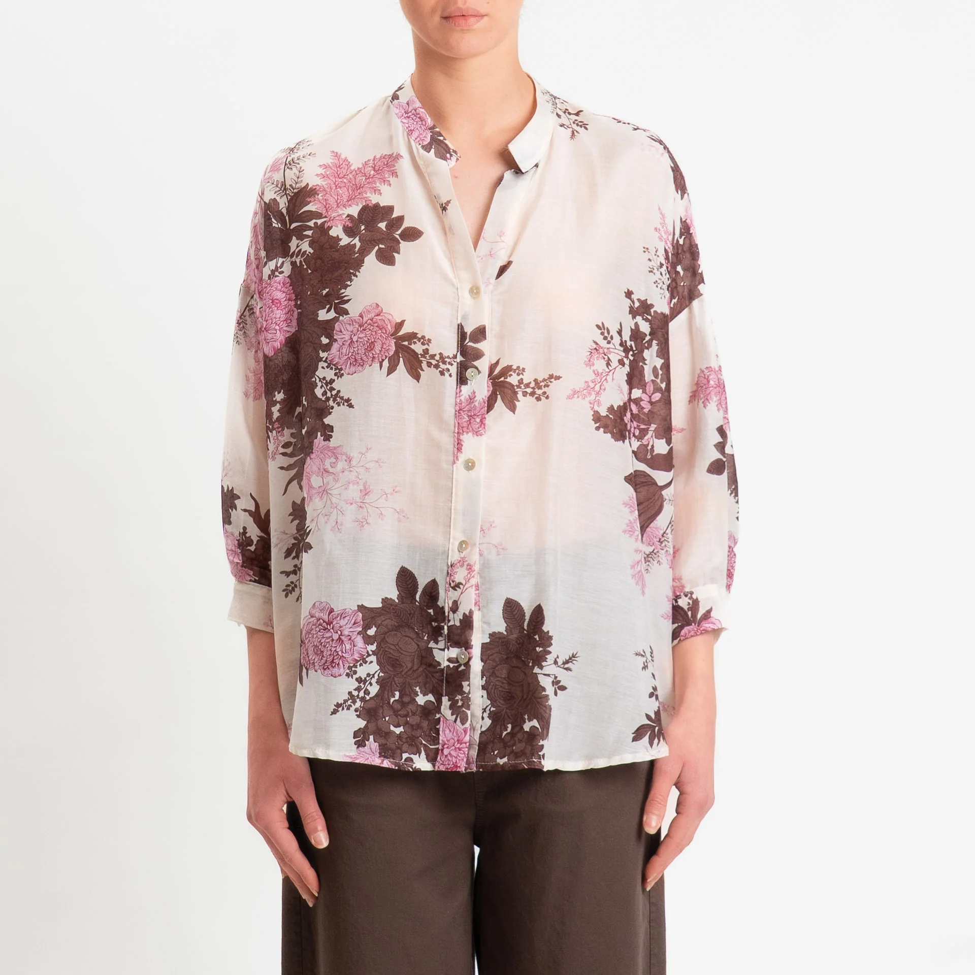 Zeroassoluto-Camicia MAIA mussola seta/cotone fantasia - fiori burro/moro/rosa - Image 3