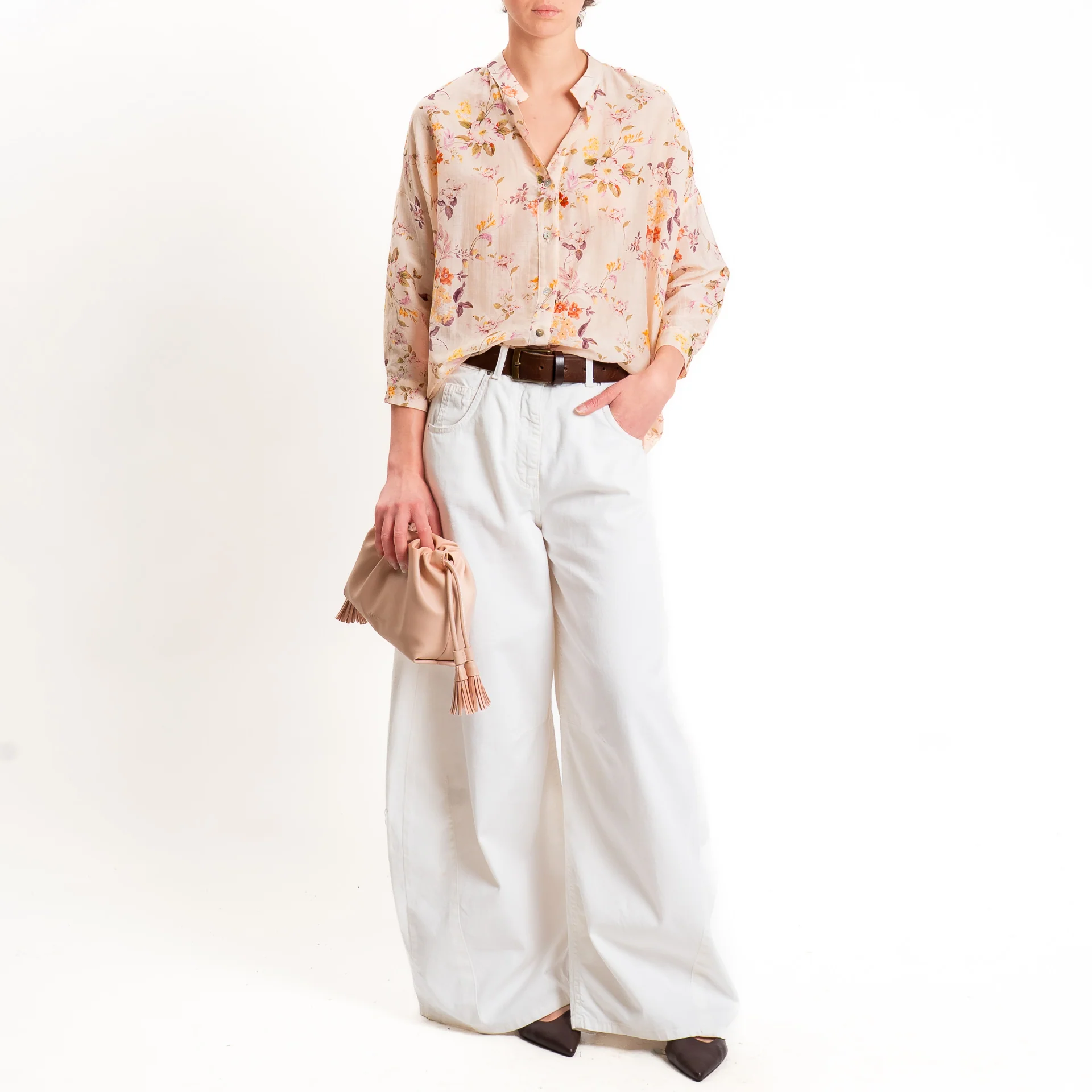 Zeroassoluto-Camicia MAIA mussola seta/cotone - fiori cipria/mauve