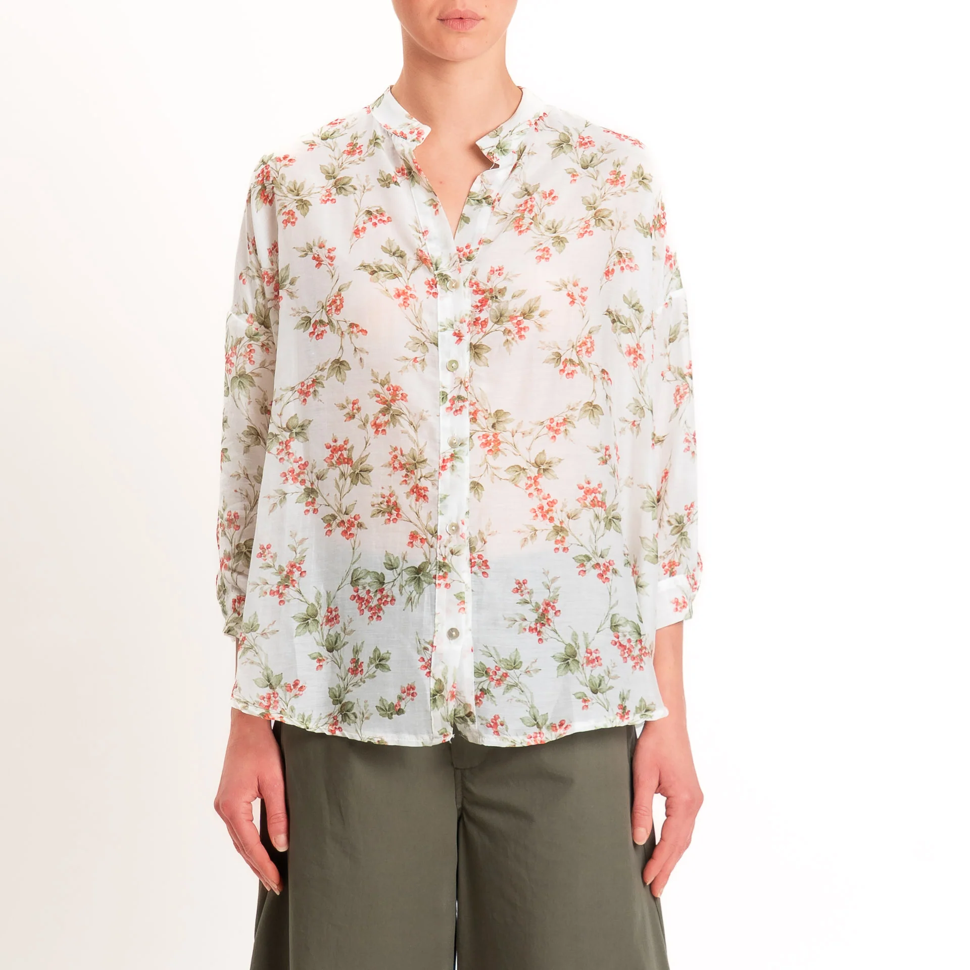 Zeroassoluto-Camicia MAIA mussola seta/cotone - fiori latte/red/salvia - Image 3