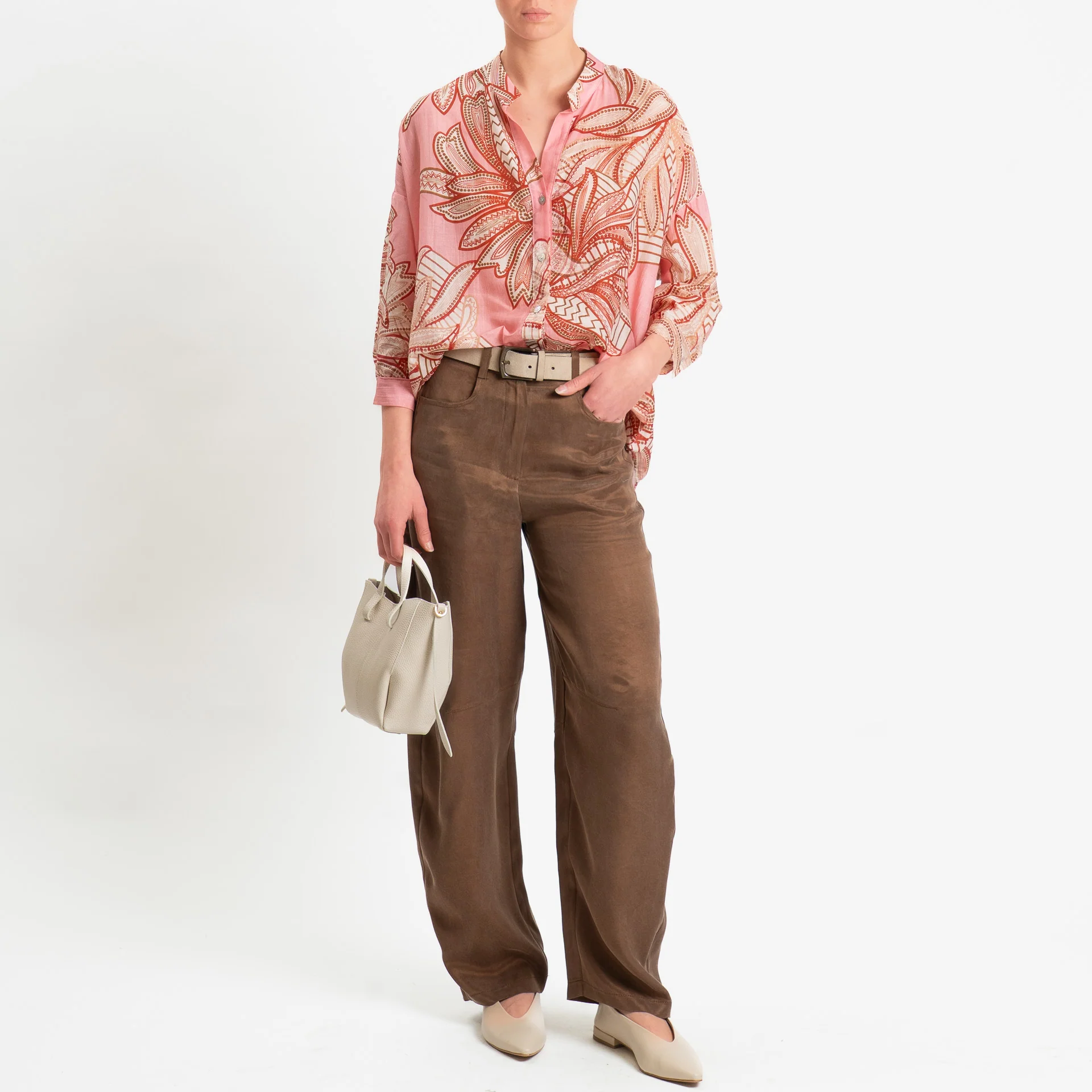 Zeroassoluto-Camicia MAIA mussola seta/cotone fantasia - fiori pink/rust