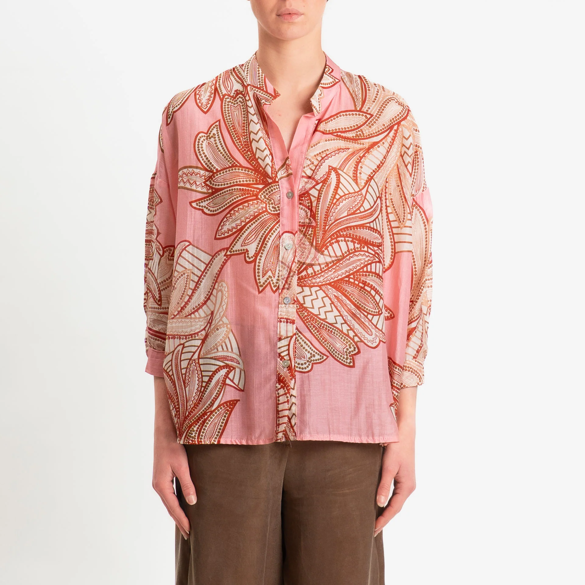 Zeroassoluto-Camicia MAIA mussola seta/cotone fantasia - fiori pink/rust - Image 3